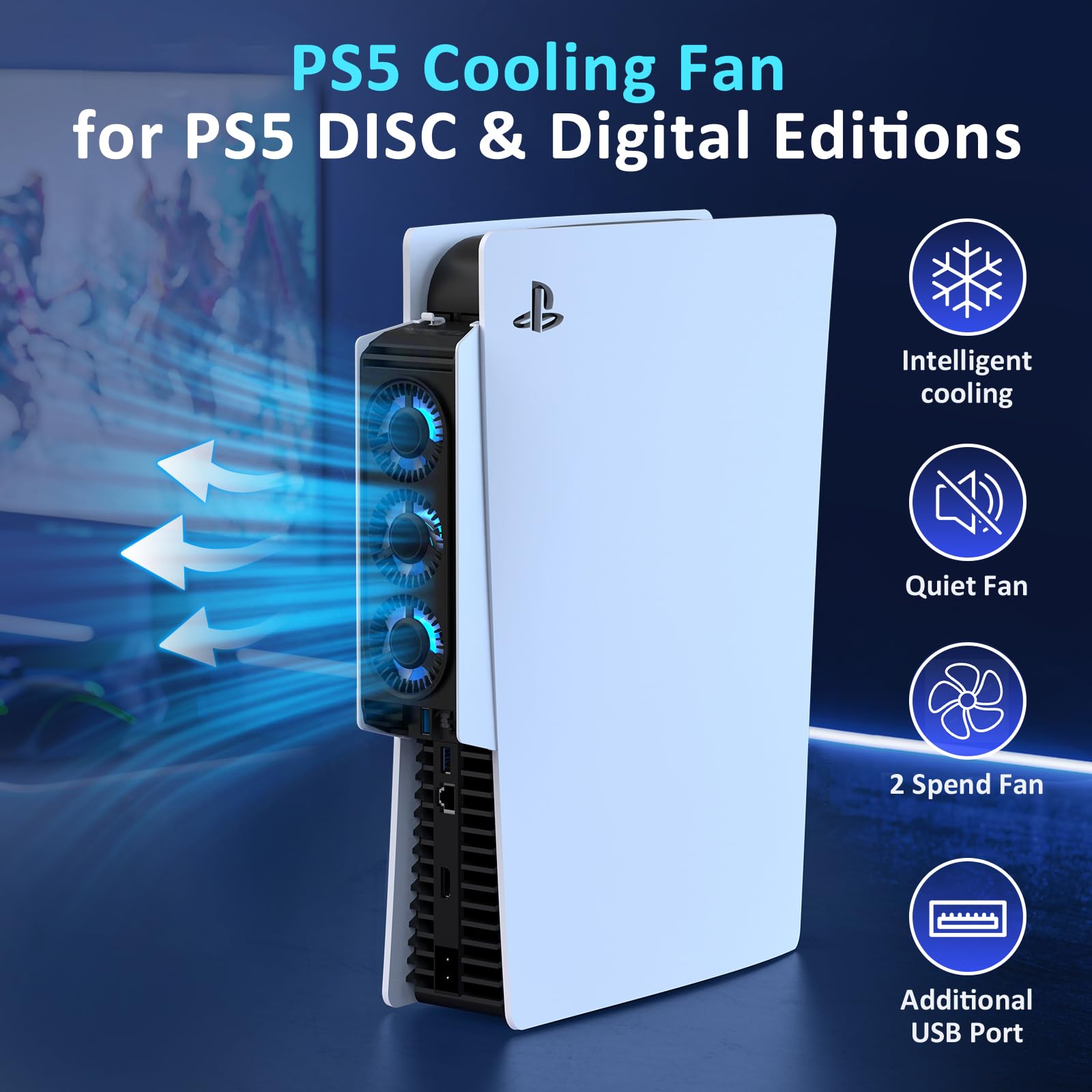 PS5 Cooling Fan with LED Lights & Auto Temperature Sensor - Quiet USB 3.0 Cooling System for PS5 Digital/Disc Edition - Prevent Overheating for Long Gaming Sessions
