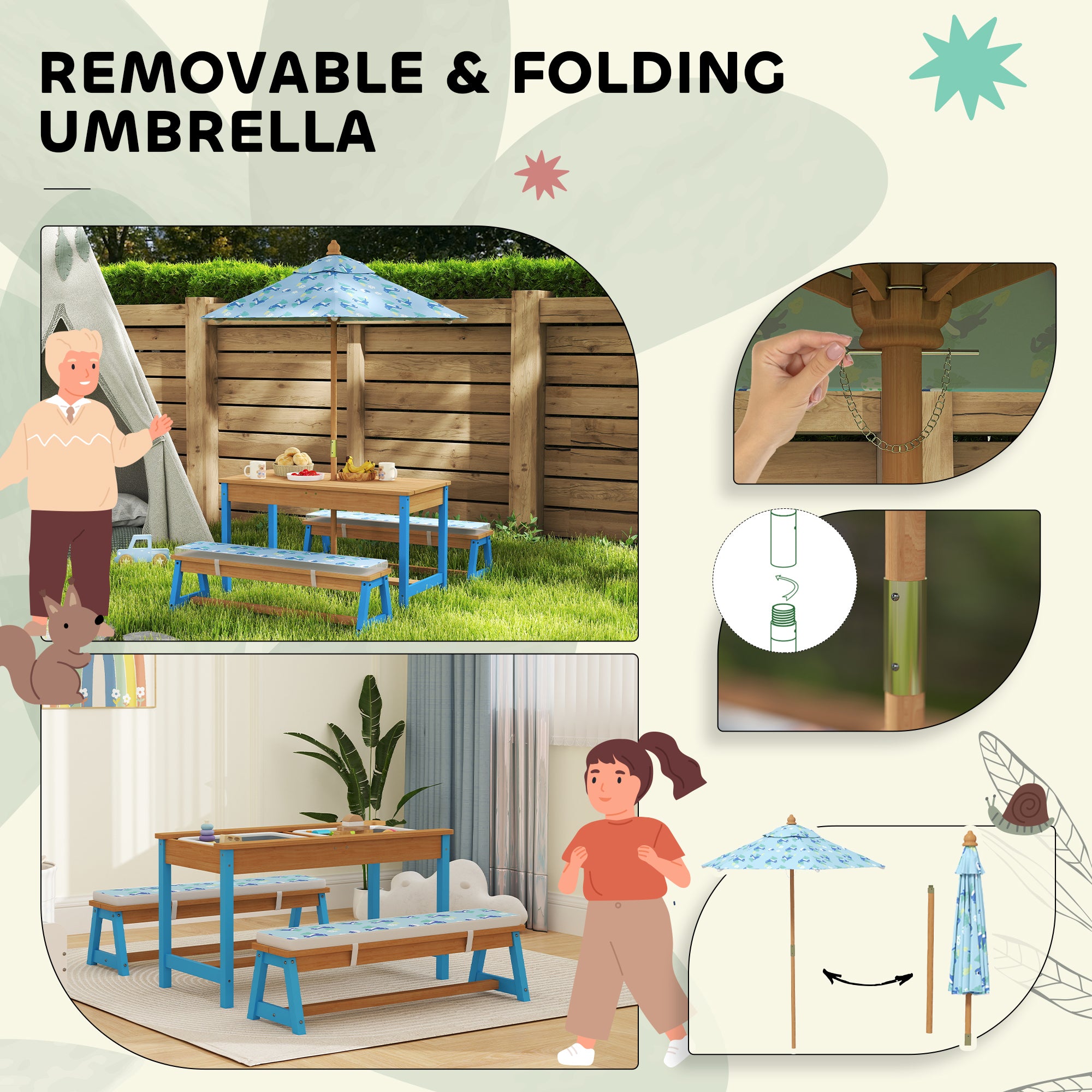 Qaba Kids Picnic Table and Bench Set with Removable Umbrella, Cushions & Storage Boxes - Dinosaur Themed Outdoor Furniture for Toddlers (Blue) - Perfect for Backyard, Patio, Park and Playdates