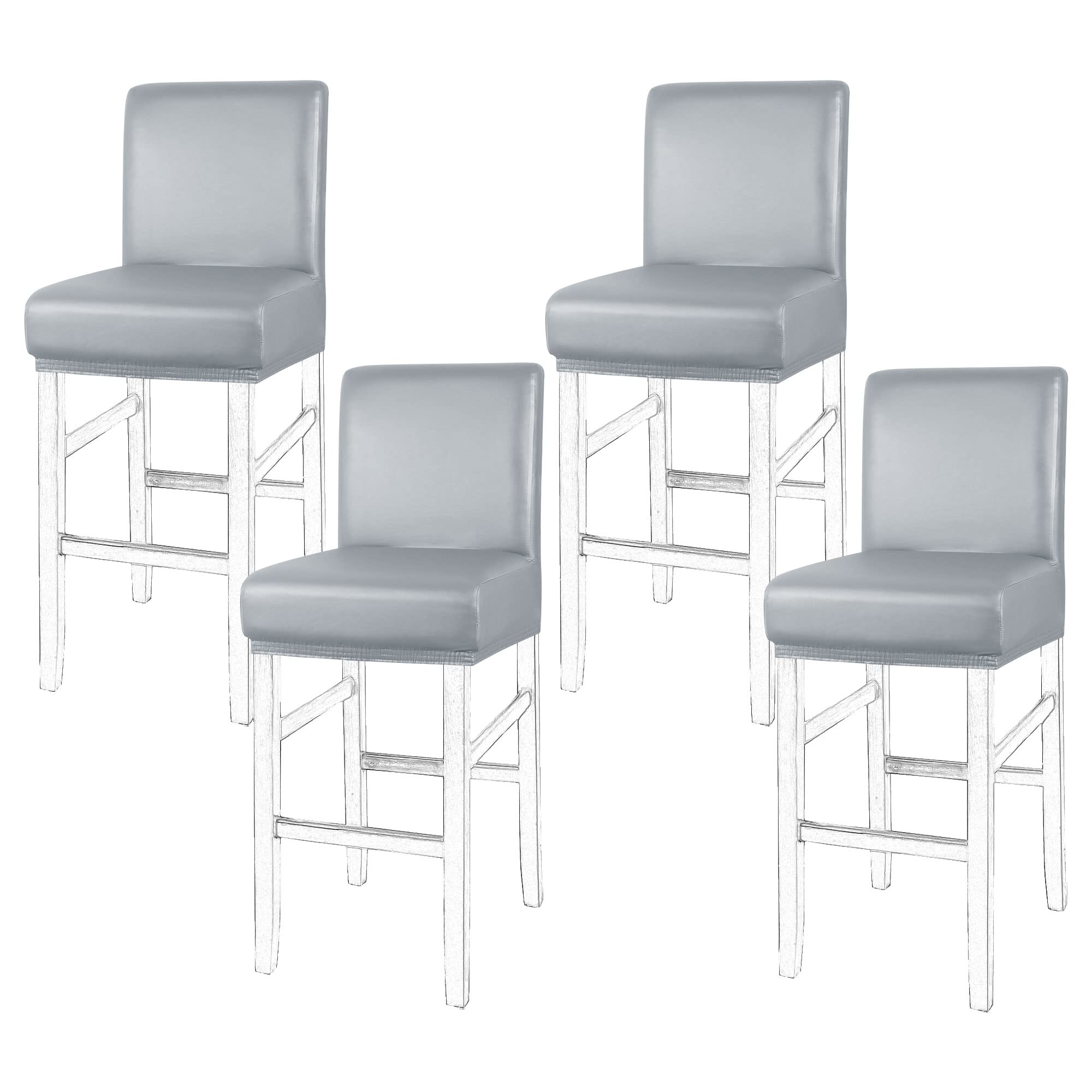PiccoCasa Waterproof Bar Stool Covers - 4 Pack Faux Leather Pub Counter Height Chair Slipcovers with Elastic Band, Silver Gray - Perfect for Kitchen, Dining Room & Home Bar Decor