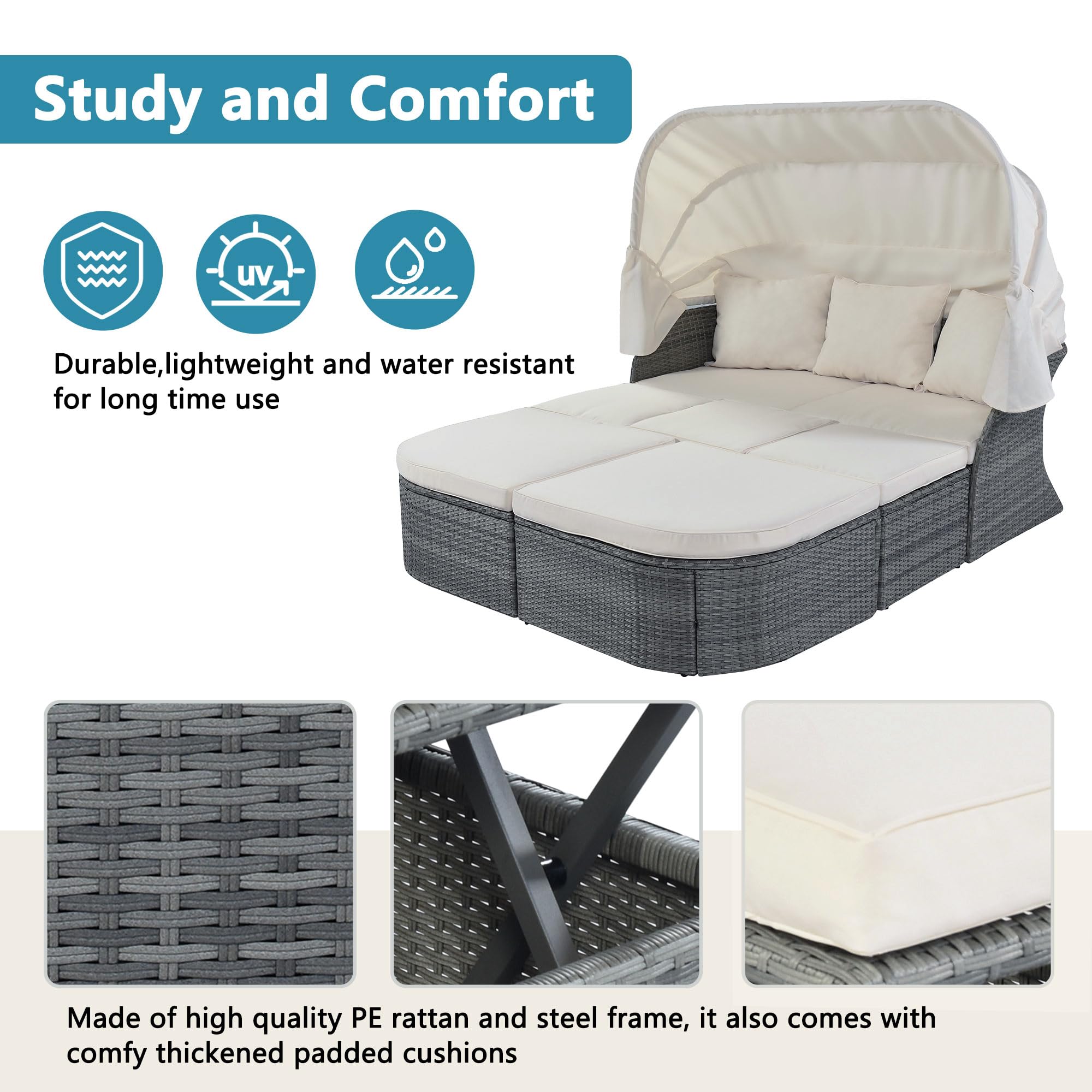 Merax Outdoor Patio Rattan Daybed Sunbed with Retractable Canopy - White Sectional Conversation Sofa Set for Backyard, Porch & Garden Relaxation | Perfect for Lounging, Sunbathing & Outdoor Entertaining