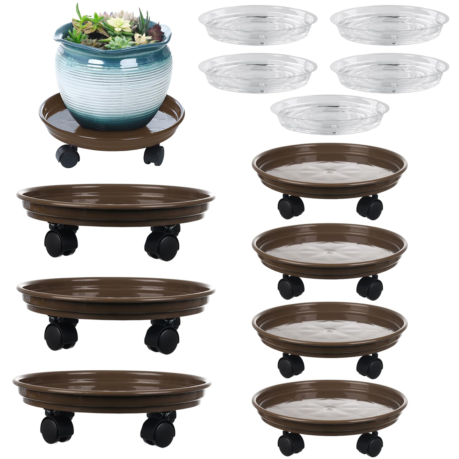 Circloophs 7-Pack Heavy Duty 12-Inch Rolling Plant Caddy with Wheels - Plant Dolly for Moving Large Pots Indoors & Outdoors - Coffee Brown - Perfect for Garden, Patio, and Home Decor