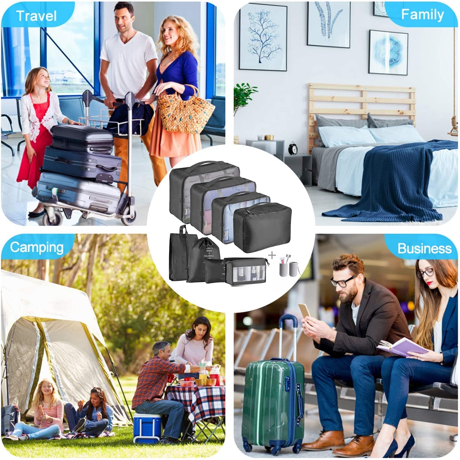 9-Piece Waterproof Packing Cubes Set - Travel Luggage Organizer for Clothes, Shoes, Cosmetics & Toiletries | Black Storage Bags for Suitcase | Perfect for Business Trips, Vacations & Weekend Getaways