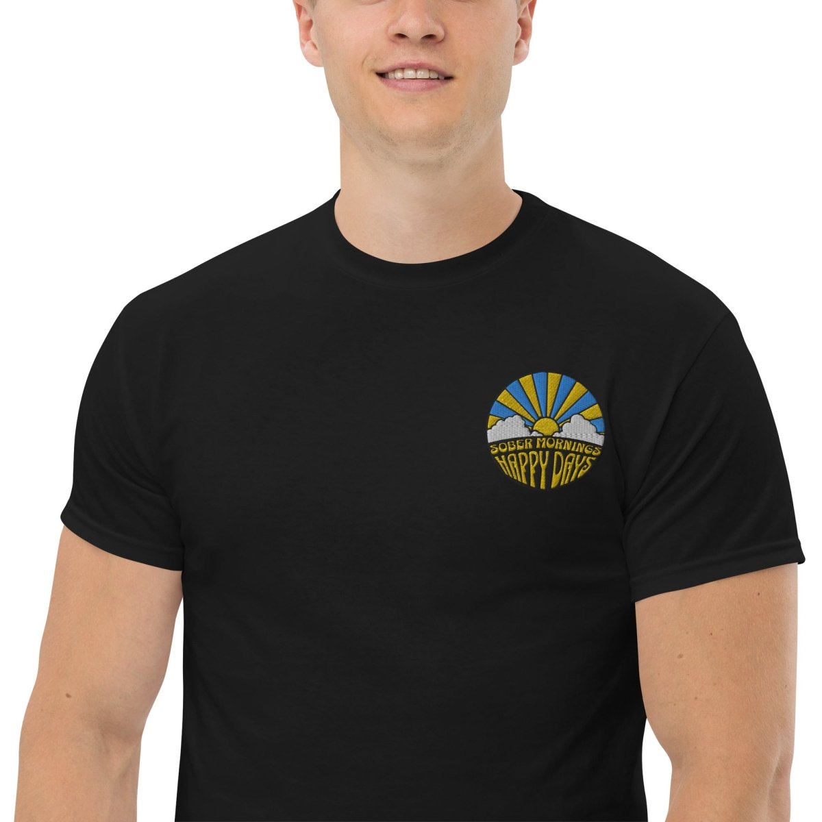 Sober Mornings Happy Days Embroidered Unisex T-Shirt - Embrace a Hangover-Free Lifestyle | Perfect for Recovery Days, Sober Living & Casual Wear