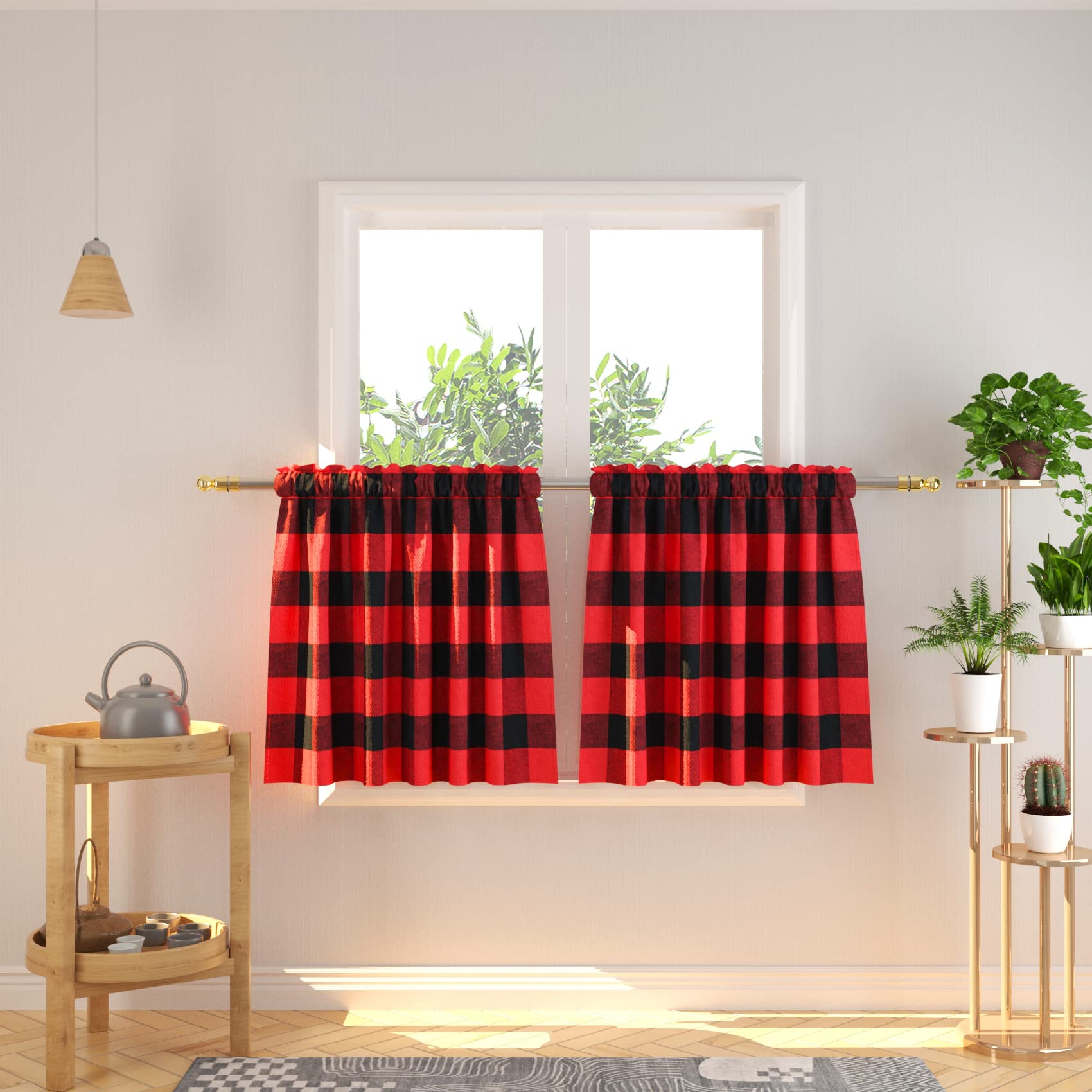 24 Inch Buffalo Plaid Cafe Curtains - 2 Panels with Rod Pocket, Red & Black Gingham Check for Kitchen, Bathroom & Half Windows | Perfect for Farmhouse, Cottage & Rustic Decor