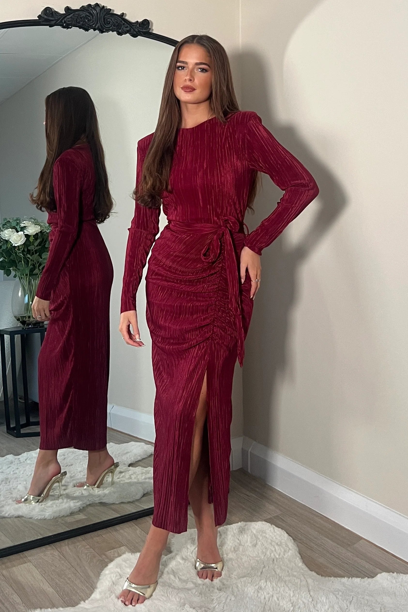 Elena Long Sleeve Ruched Seamed Midi Dress in Wine Red - Elegant Bodycon Party Dress for Women, Perfect for Cocktail Parties, Date Nights & Formal Events