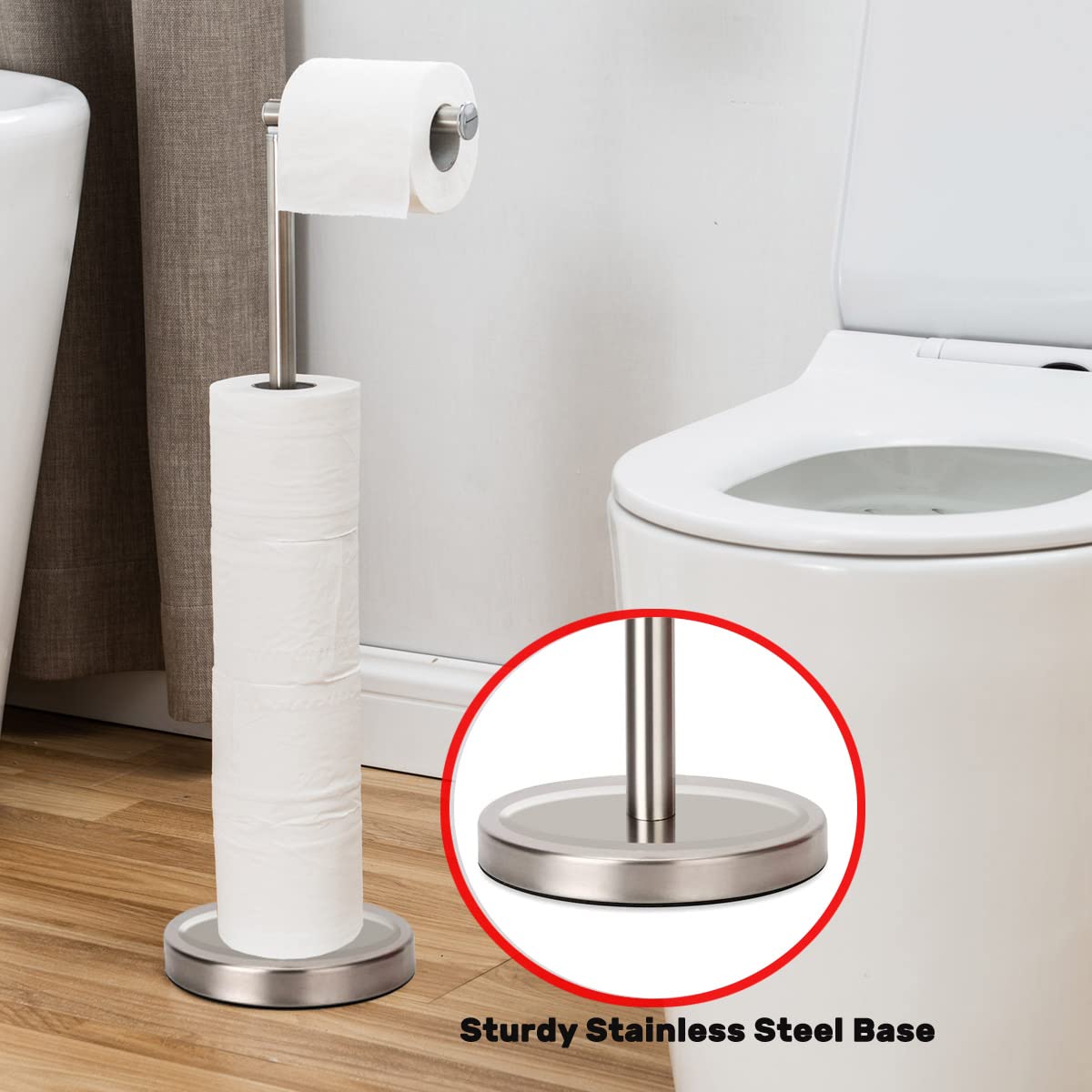 Freestanding Toilet Paper Holder Stand for Bathroom - Heavy Base Storage Organizer Holds 4 Rolls - Brushed Nickel Finish | Perfect for Small Bathrooms, RVs, and Guest Toilets