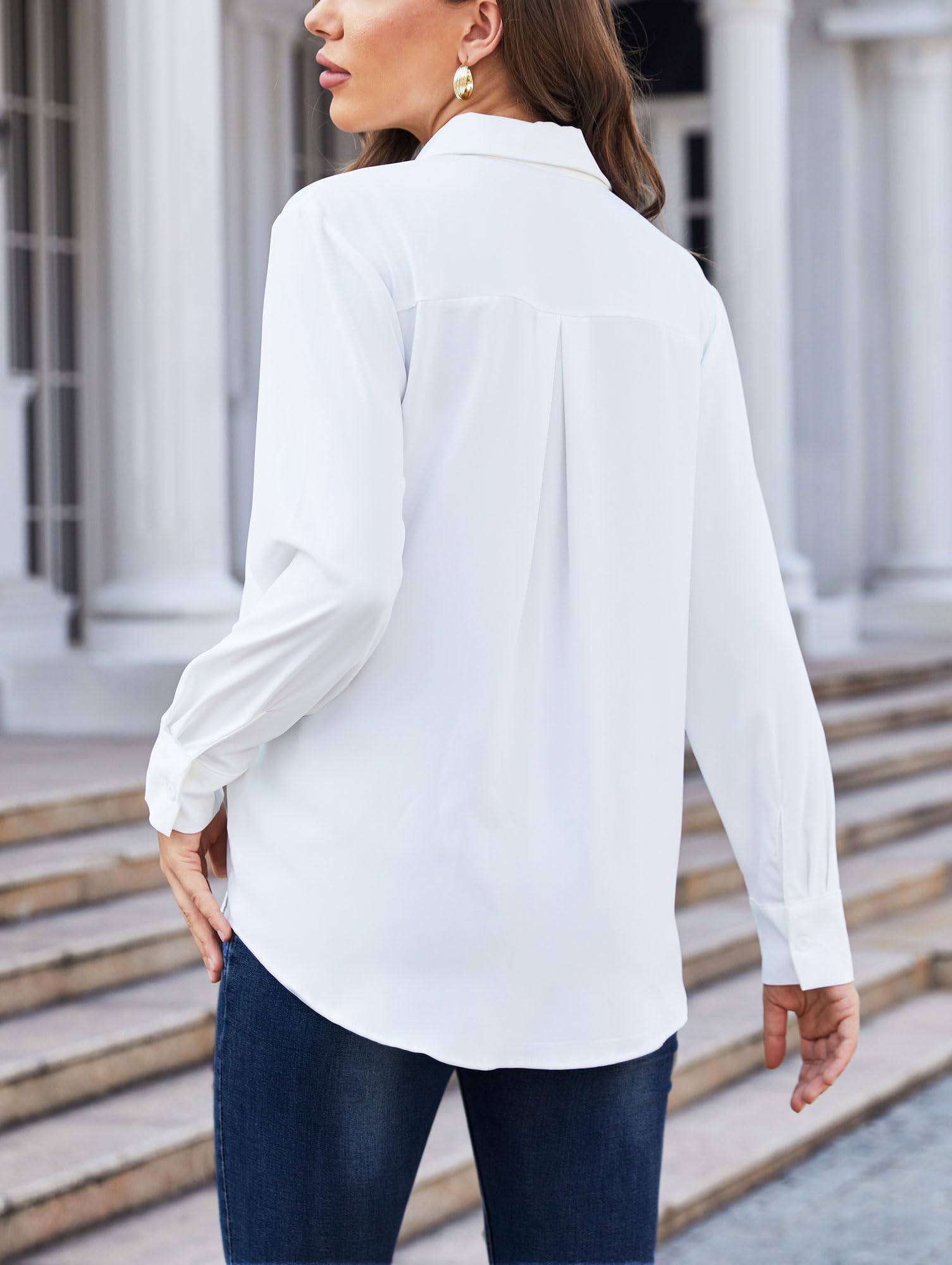RCL Women's Long Sleeve Chiffon Blouse - Button Down V-Neck Dress Shirt for Office & Casual Wear | Perfect for Business Attire, Work Meetings & Everyday Outfits