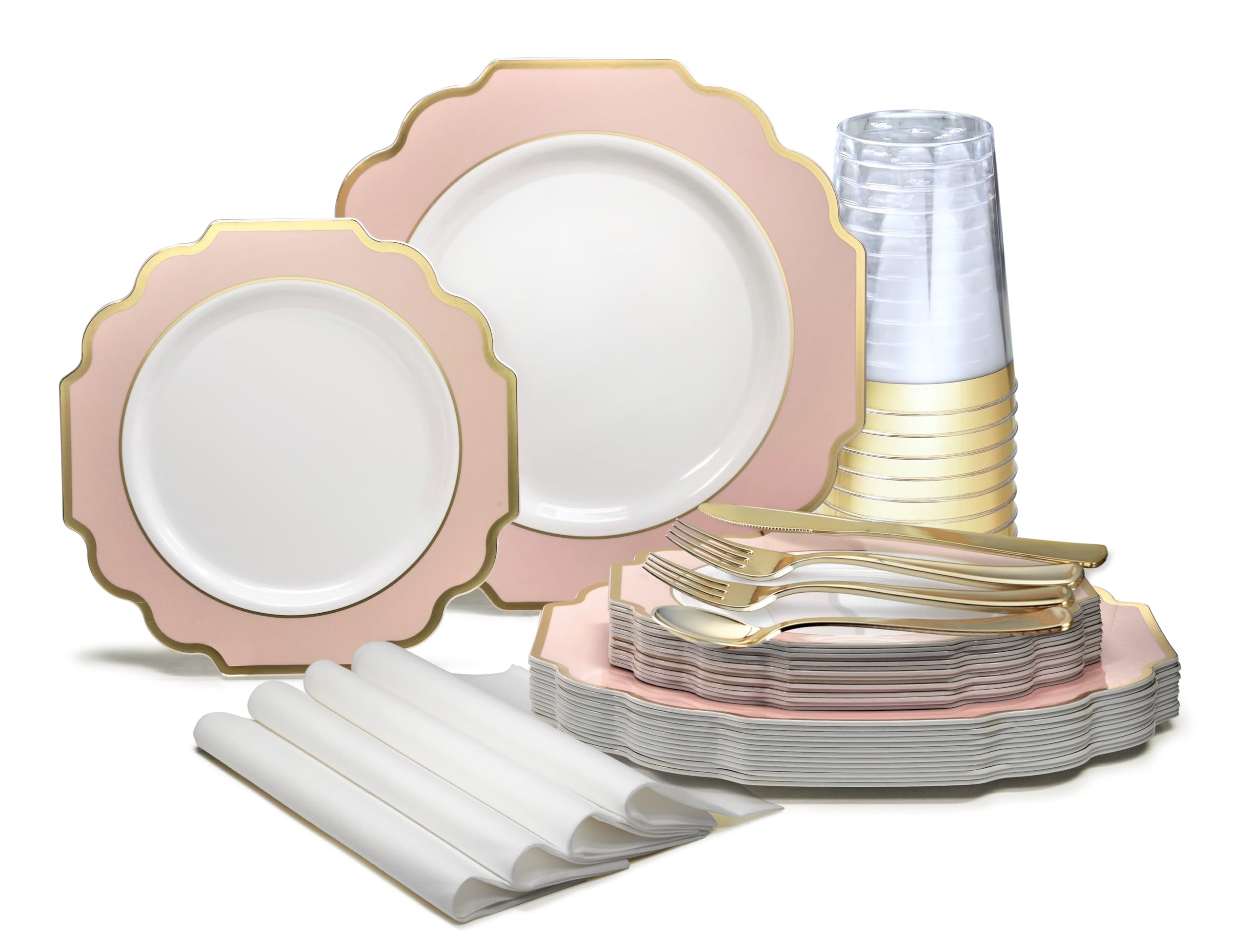 320-Piece Heavyweight Disposable Plastic Plate Set for Weddings & Parties (40 Guests) - Includes 10.5'' & 8'' Plates, Silverware, Cups, Napkins in Blush Pink & Gold - Perfect for Wedding Receptions, Bridal Showers & Birthday Parties