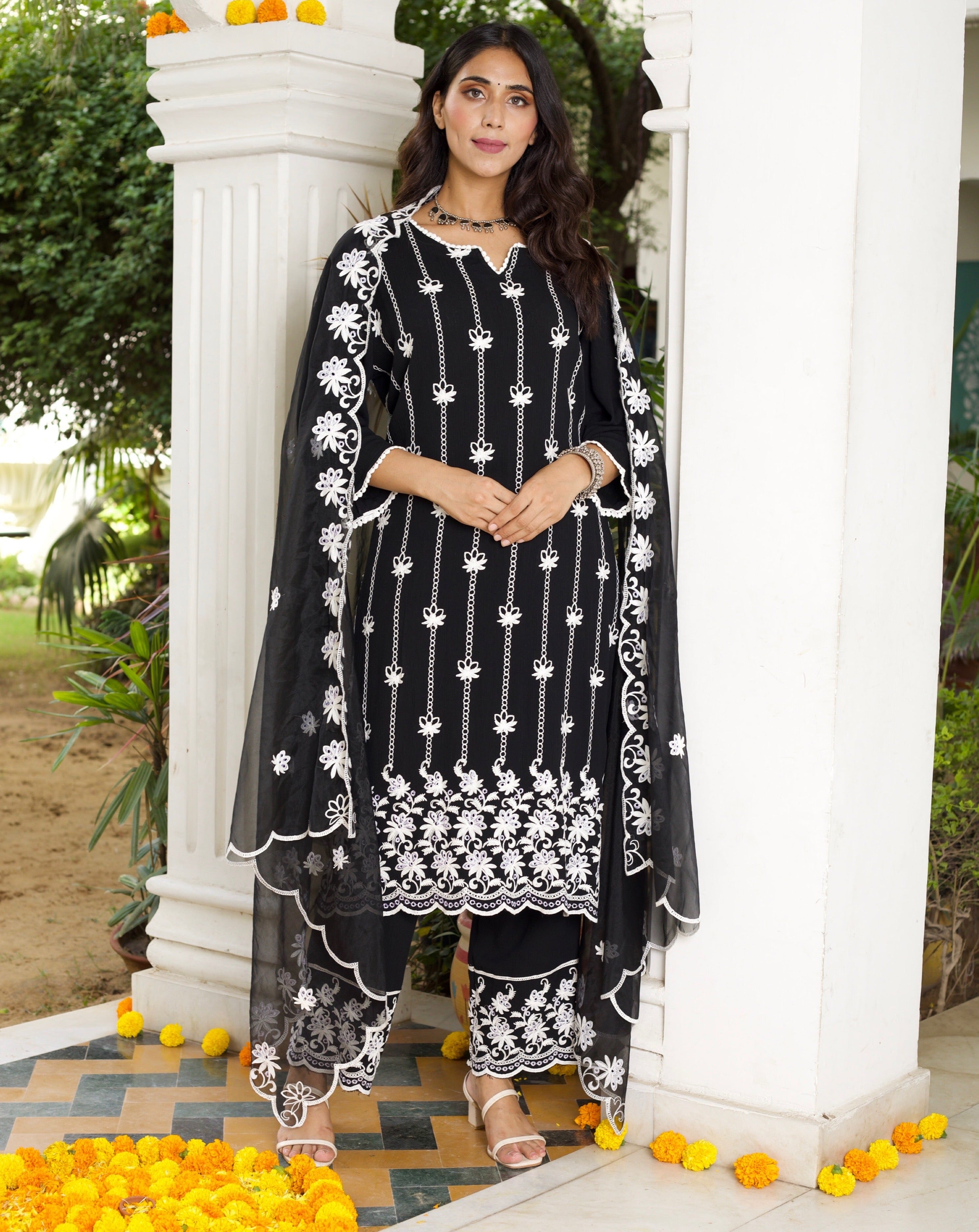 Royal Motif Black Embroidered Dupatta Set for Festivals, Weddings & Special Occasions - Elegant Party Wear Shawl for Women