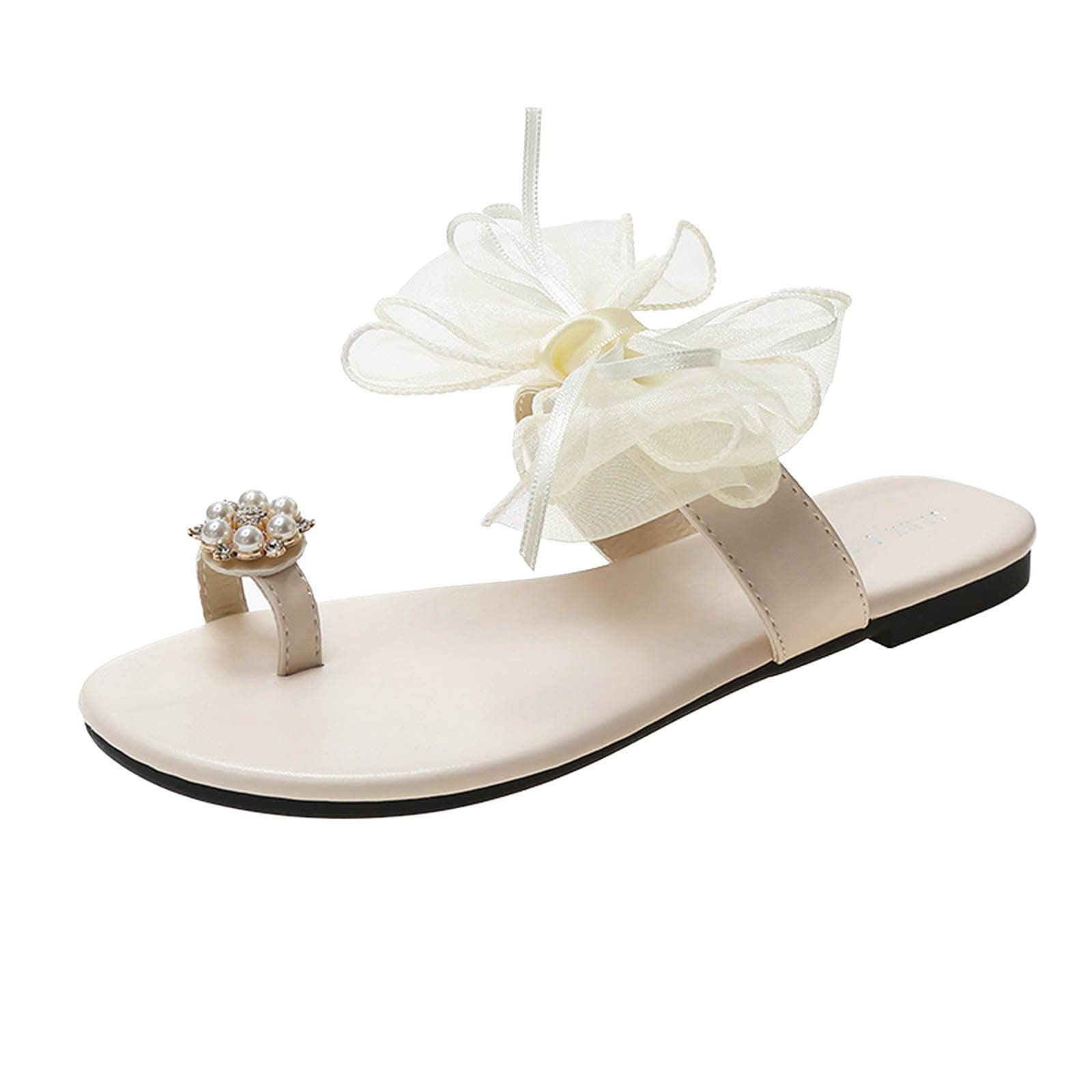 Women's Retro Bowknot Flat Sandals - Comfortable Summer Slippers in White (Size 10) | Perfect for Beach, Vacation and Casual Outfits
