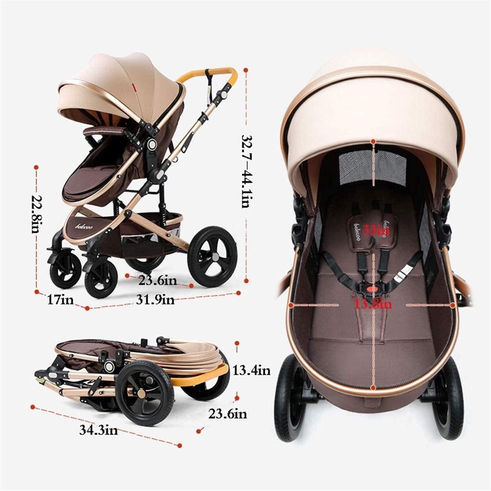 2-in-1 Convertible Baby Stroller with Reversible Bassinet | Foldable Aluminum Alloy Pushchair | Infant Pram & High Landscape Carriage (Gold) - Perfect for Newborns, Travel & Daily Walks