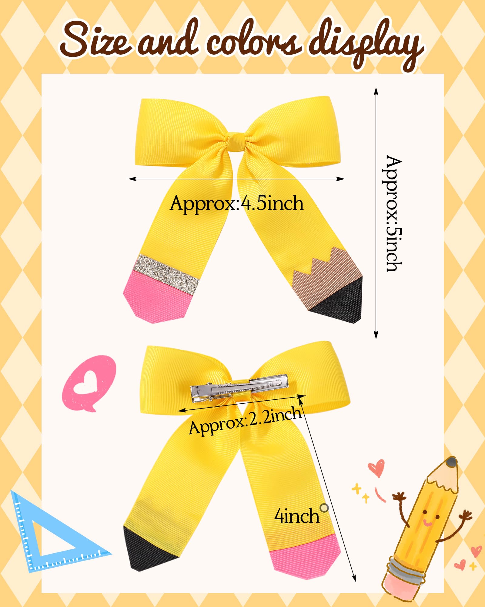 2PCS 4.5 Inch Yellow Hair Bows for Girls - Baby Hair Clips with Pencil Ribbon Design, Alligator Clips Hair Accessories for Toddlers, Kids & Teens | Perfect for School, Parties & Everyday Wear