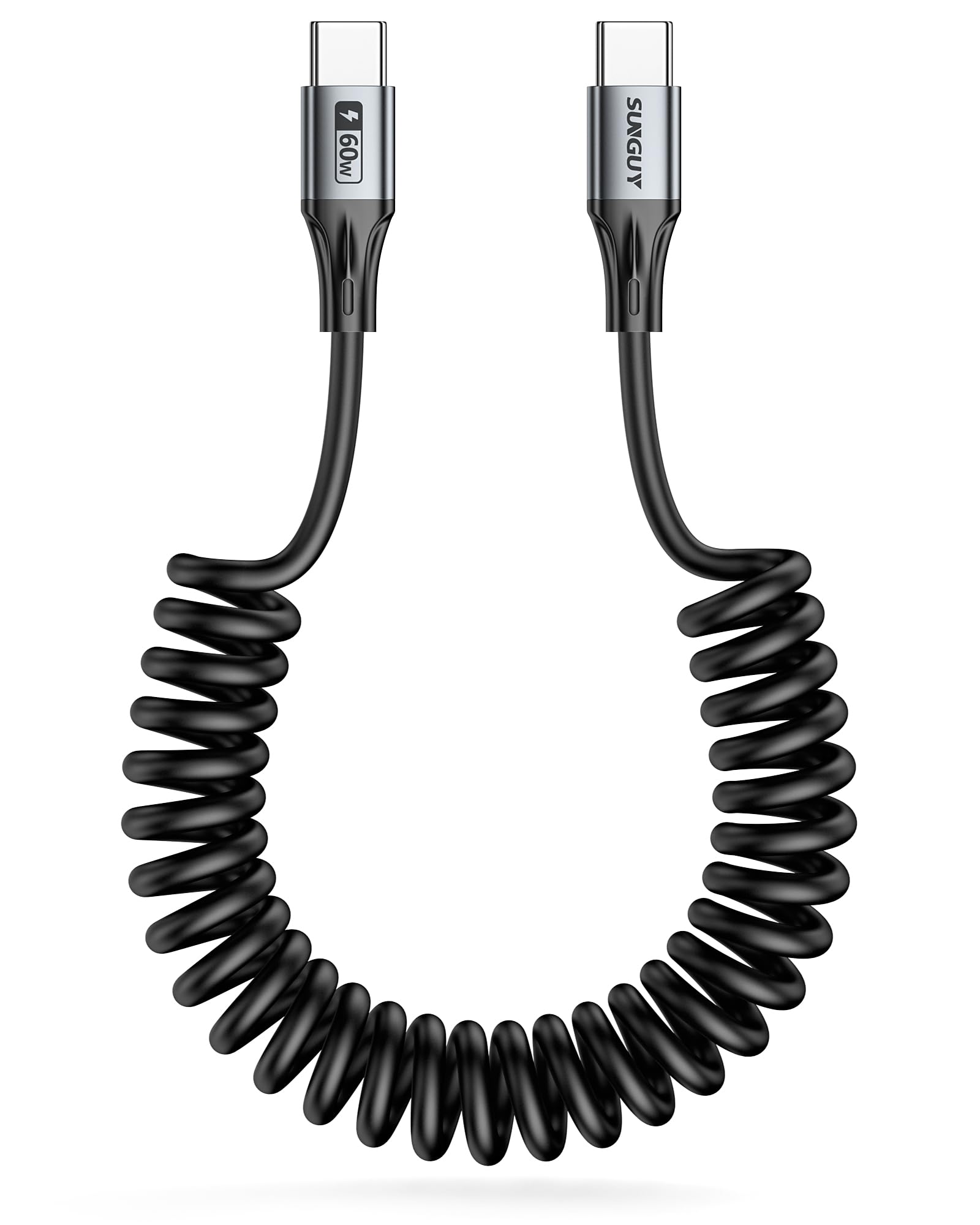 SUNGUY 60W USB C to USB C Fast Charging Cable 3FT, Coiled Type-C Cord for iPhone 16/15 Pro/Pro Max, Samsung Galaxy S24/S23/S22, iPad Pro - Perfect for Android Auto & CarPlay in Vehicles