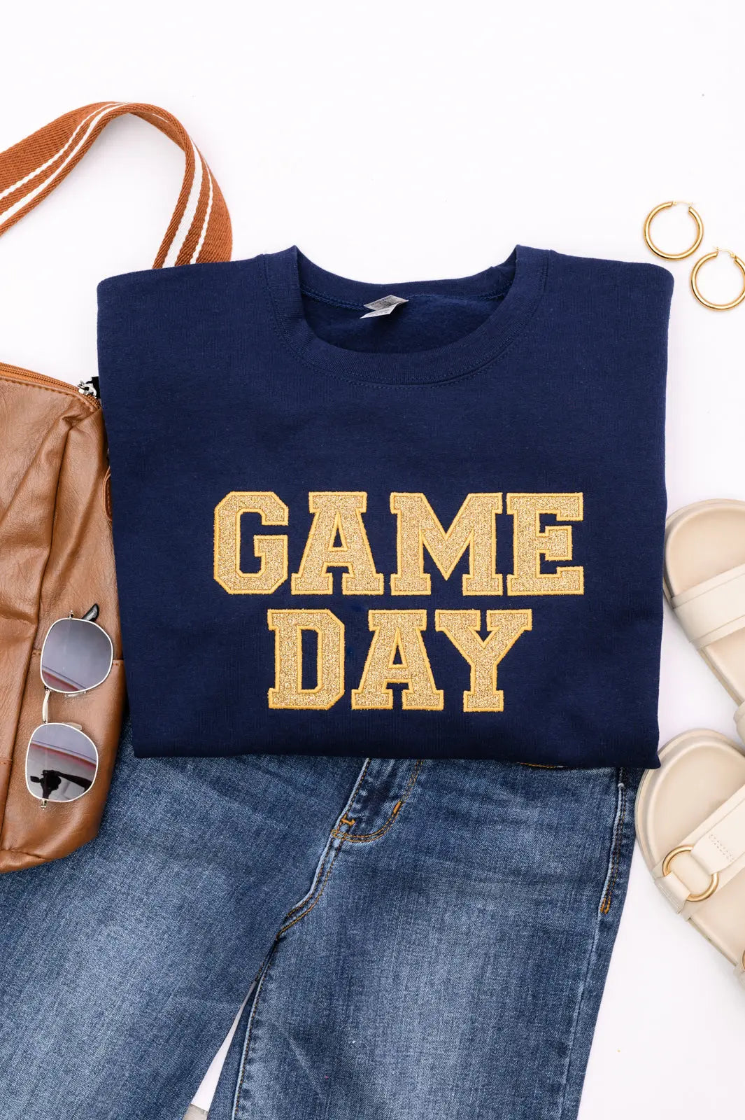 PREORDER: Embroidered Glitter Game Day Sweatshirt - Navy & Old Gold | Comfortable College Football Fan Apparel for Tailgating & Sports Events