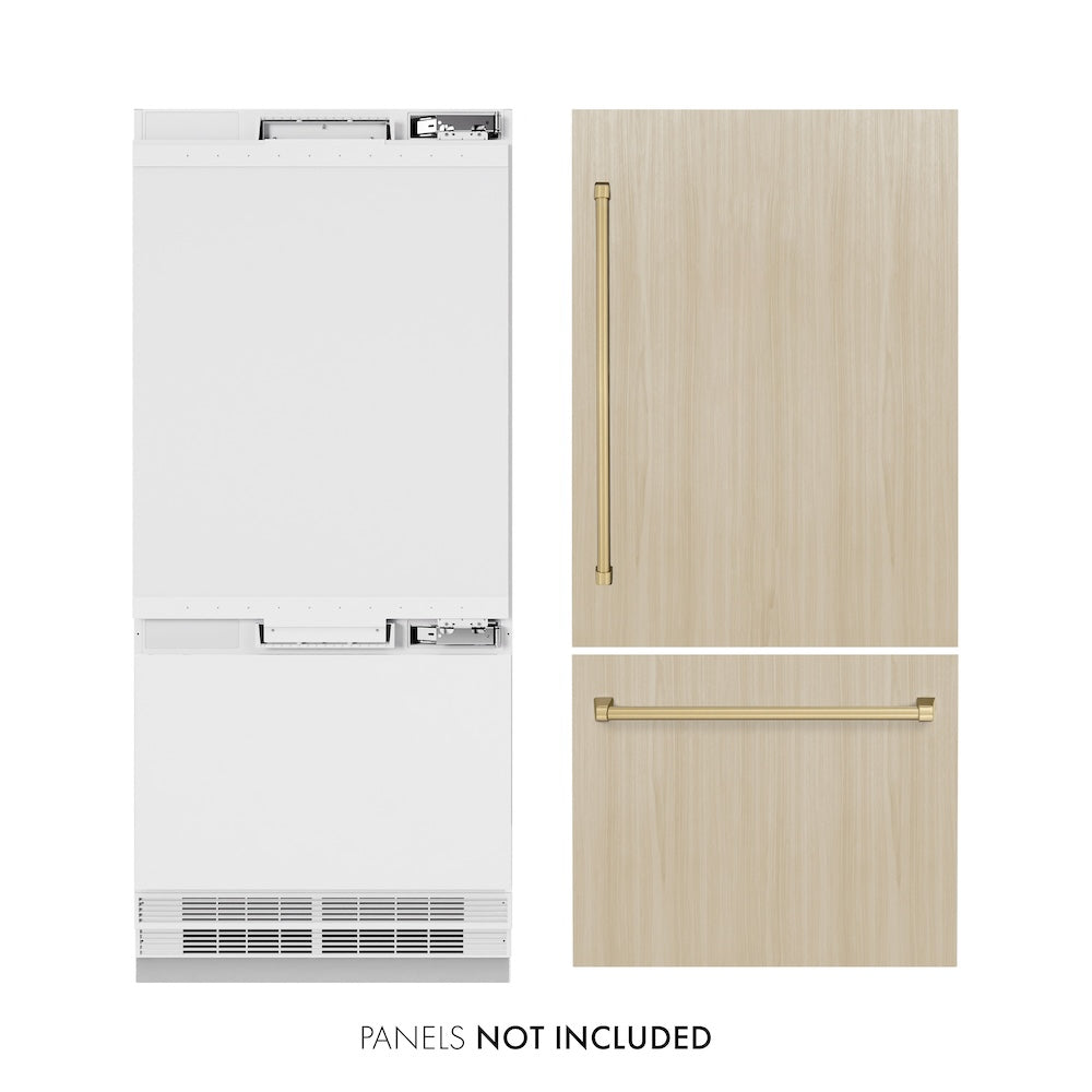 ZLINE Autograph Edition 36 Inch Panel Ready Built-In Bottom Freezer Refrigerator - 19.8 cu ft Capacity with Water Dispenser & Ice Maker - Champagne Bronze Accents (RBITZ 36 CB) - Perfect for Modern Kitchens & Luxury Homes