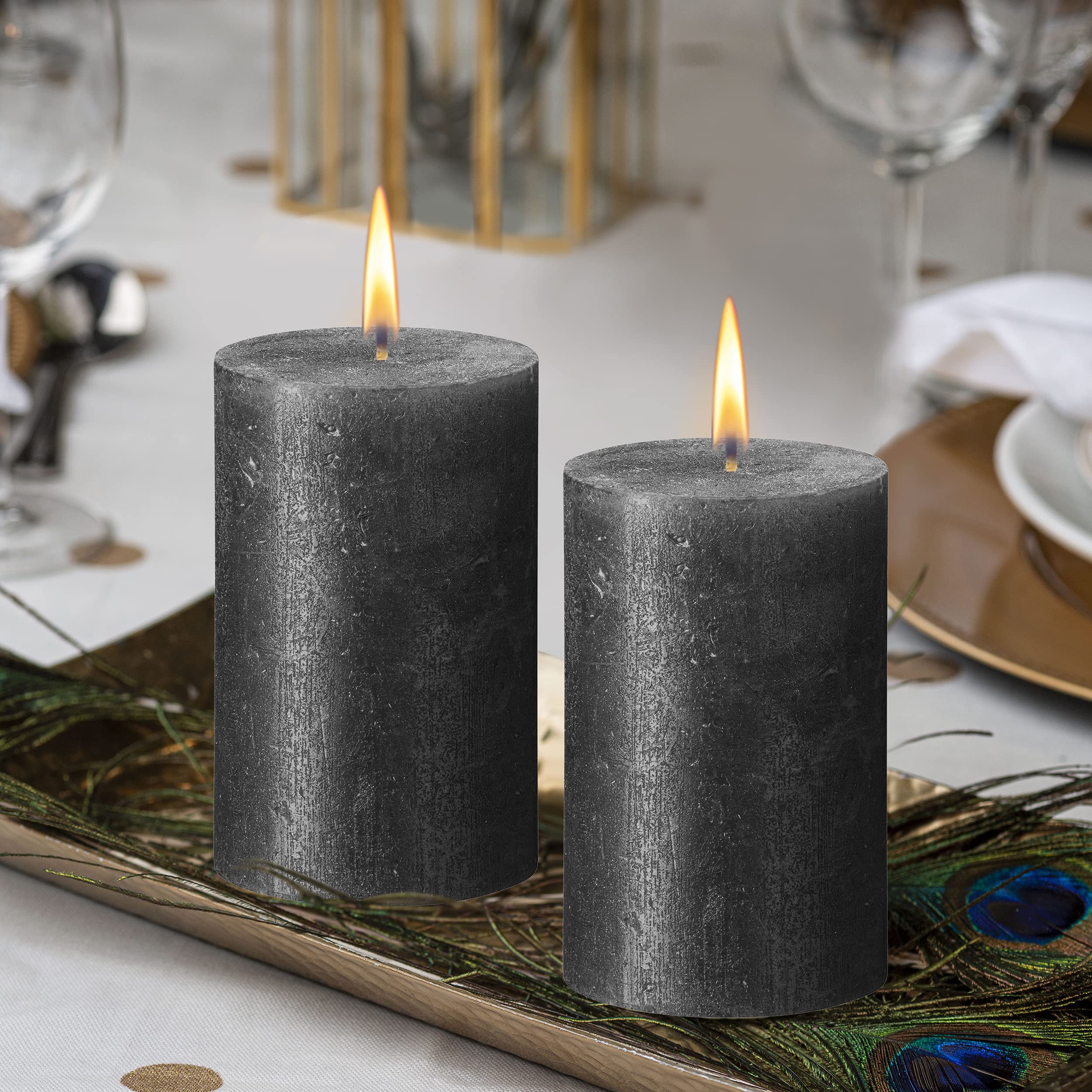 BOLSIUS Anthracite Black Shimmer Metallic Pillar Candles 4 Pack - 2.75 x 5 Inches - Unscented Dripless 60-Hour Burn Time - Premium European Quality Plant-Based Wax Candles for Wedding, Dinner Party, Holiday & Home Decor
