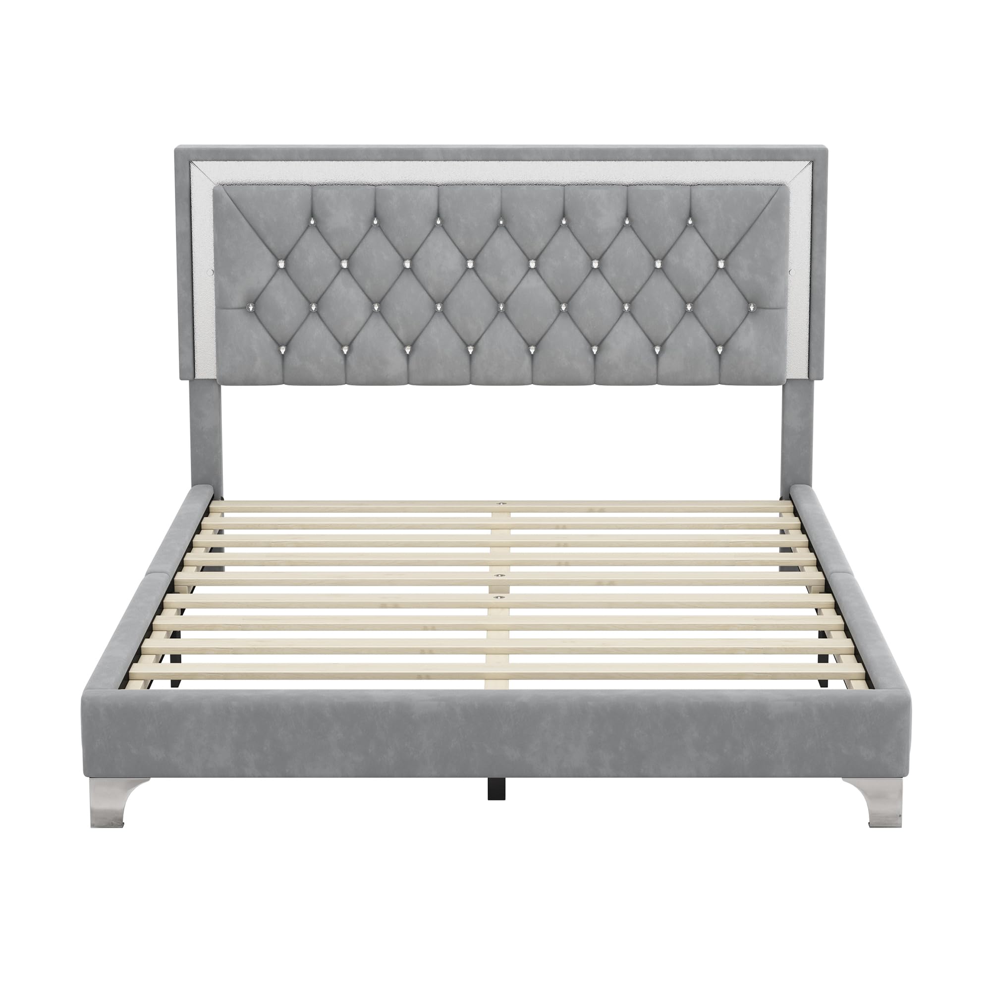 3-Piece Queen Size Upholstered Platform Bed Set with LED Lights & 2 Nightstands in Gray - Modern Bedroom Furniture for Master Bedroom & Guest Room