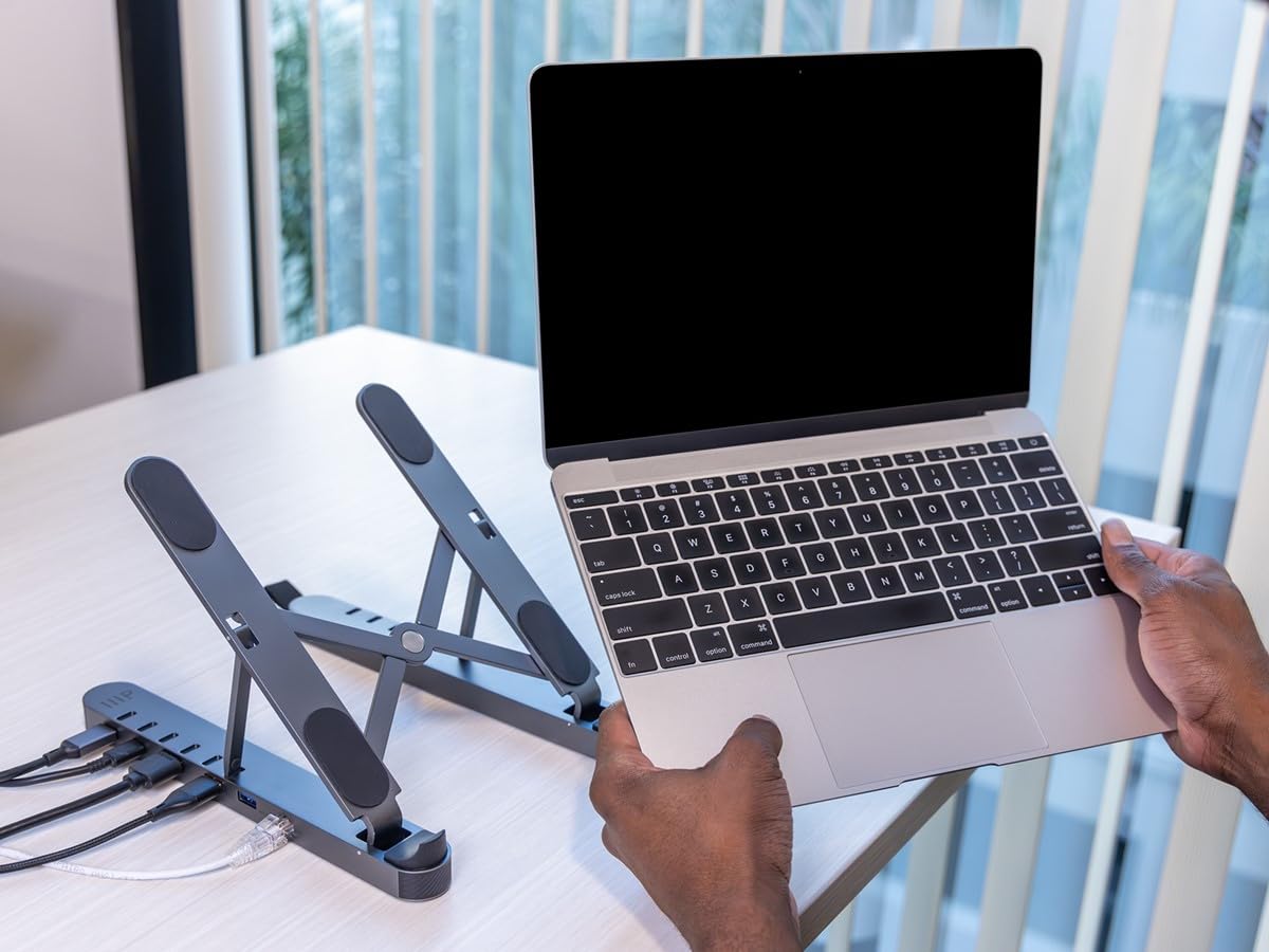 Monoprice 6-in-1 Portable Folding Laptop Stand with USB-C Docking Station - 4K HDMI, Gigabit Ethernet, Adjustable Angles, Multi-Port Hub for MacBook, Dell, HP - Perfect for Home Office, Remote Work & Travel