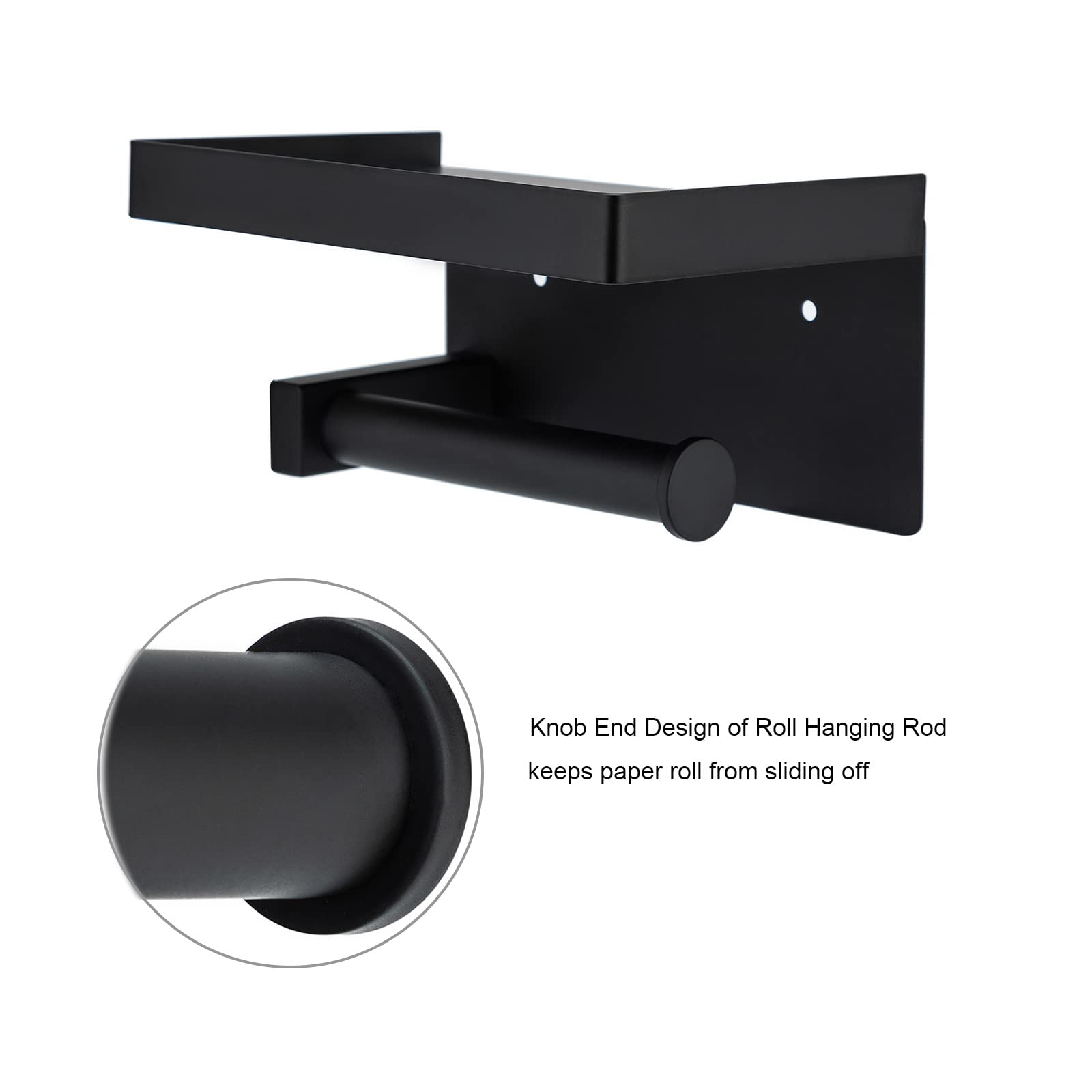 Premium SUS304 Stainless Steel Toilet Paper Holder with Shelf - Matte Black Wall Mount Bathroom Tissue Roll Hanger - Strong Adhesive & Durable for Home, Office, Hotel Restroom Organization