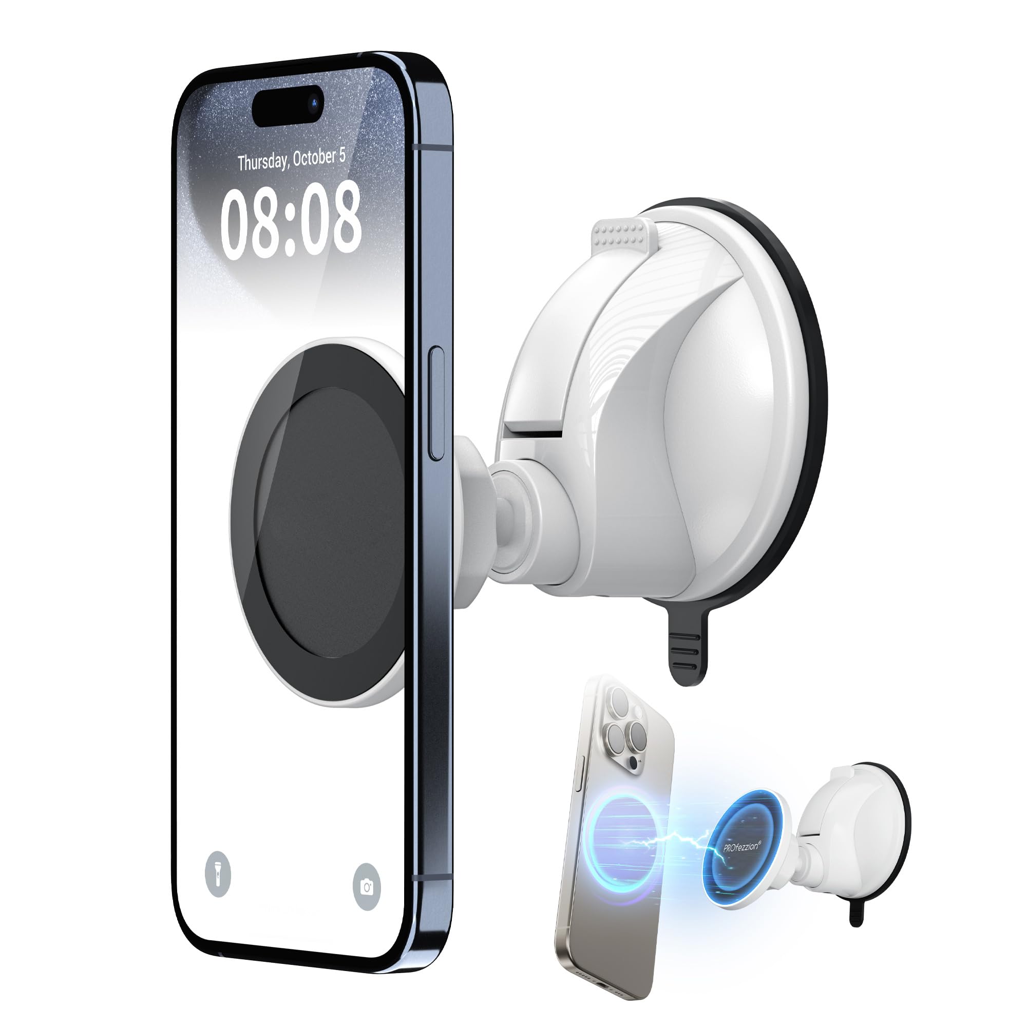 PROfezzion Magnetic Shower Mirror Phone Holder with Strong Suction Cup - Universal Rotating Stand for iPhone 16/15/14/13/12 & All Smartphones - Perfect for Bathroom, Kitchen, Makeup & Video Calls (White)