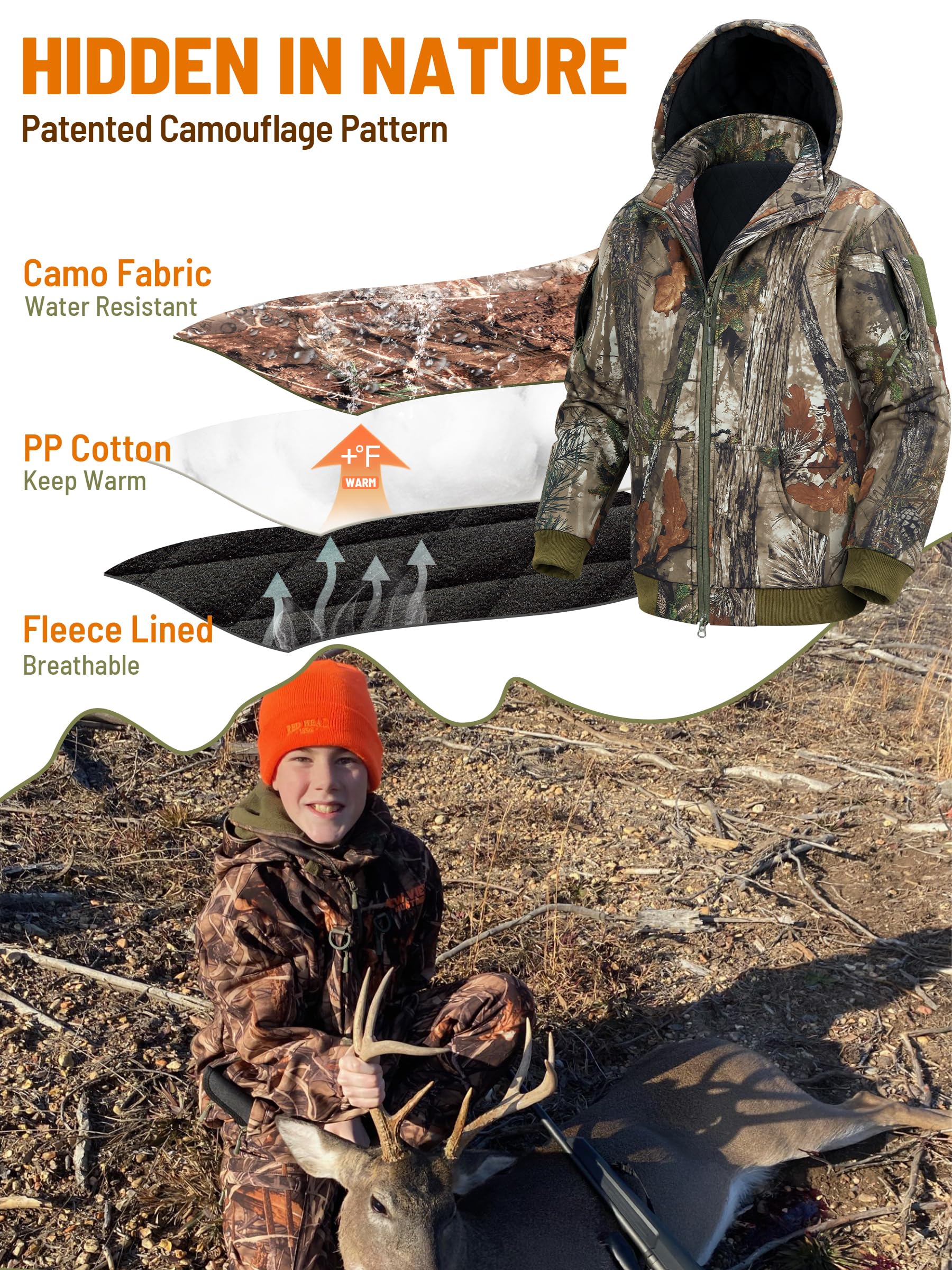 NEW VIEW Kids Camo Hunting Clothes - Silent Youth Hunting Jacket for Cold Winter | Waterproof Camouflage Hunting Coat for Boys & Girls | Perfect for Outdoor Adventures, Hunting Trips & Winter Camping