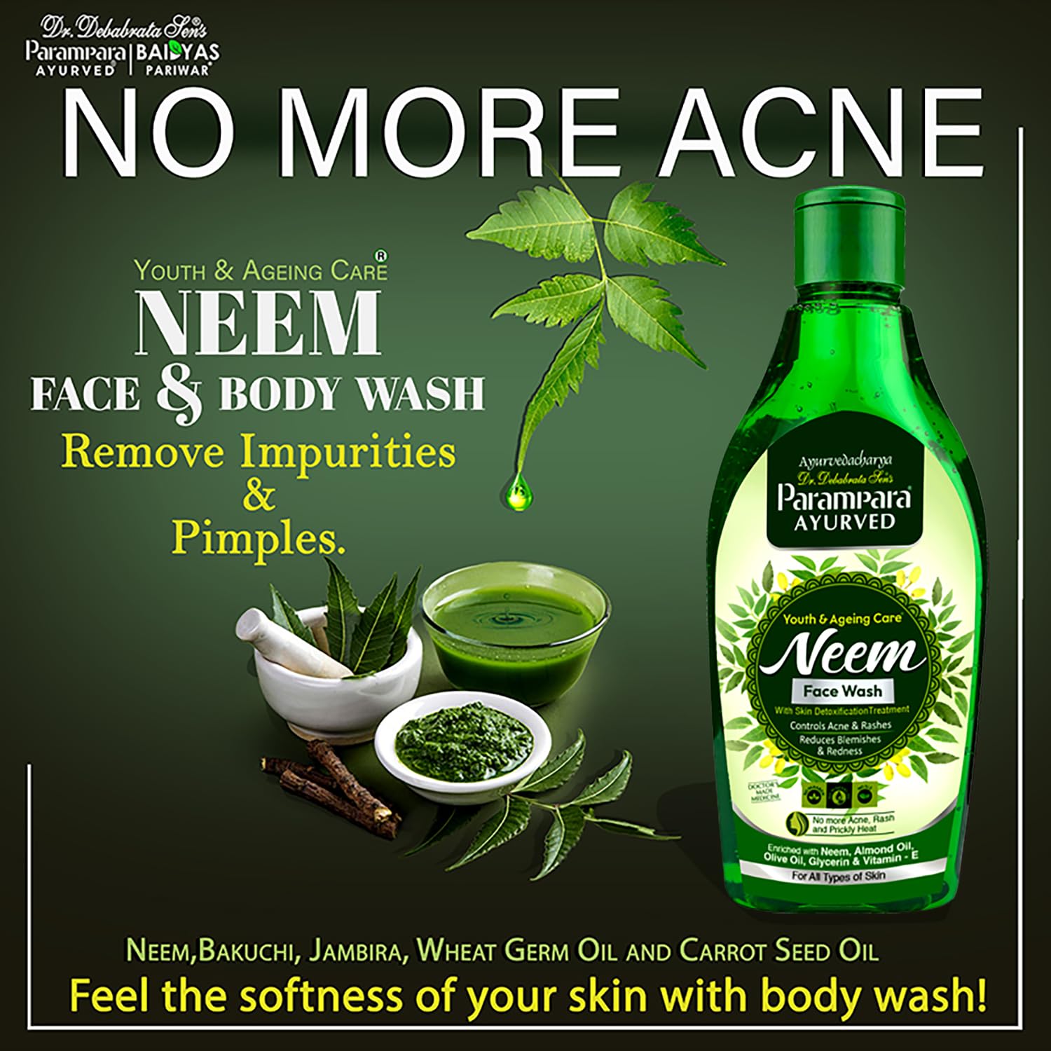 Parampara Ayurved Neem Face Wash for Pimple & Acne Control - Oil Free, Deep Cleansing Treatment for Blackhead Removal | Paraben & Sulfate-Free, Natural Anti-Inflammatory Formula | 300ml | Perfect for Oily & Acne-Prone Skin Daily Care
