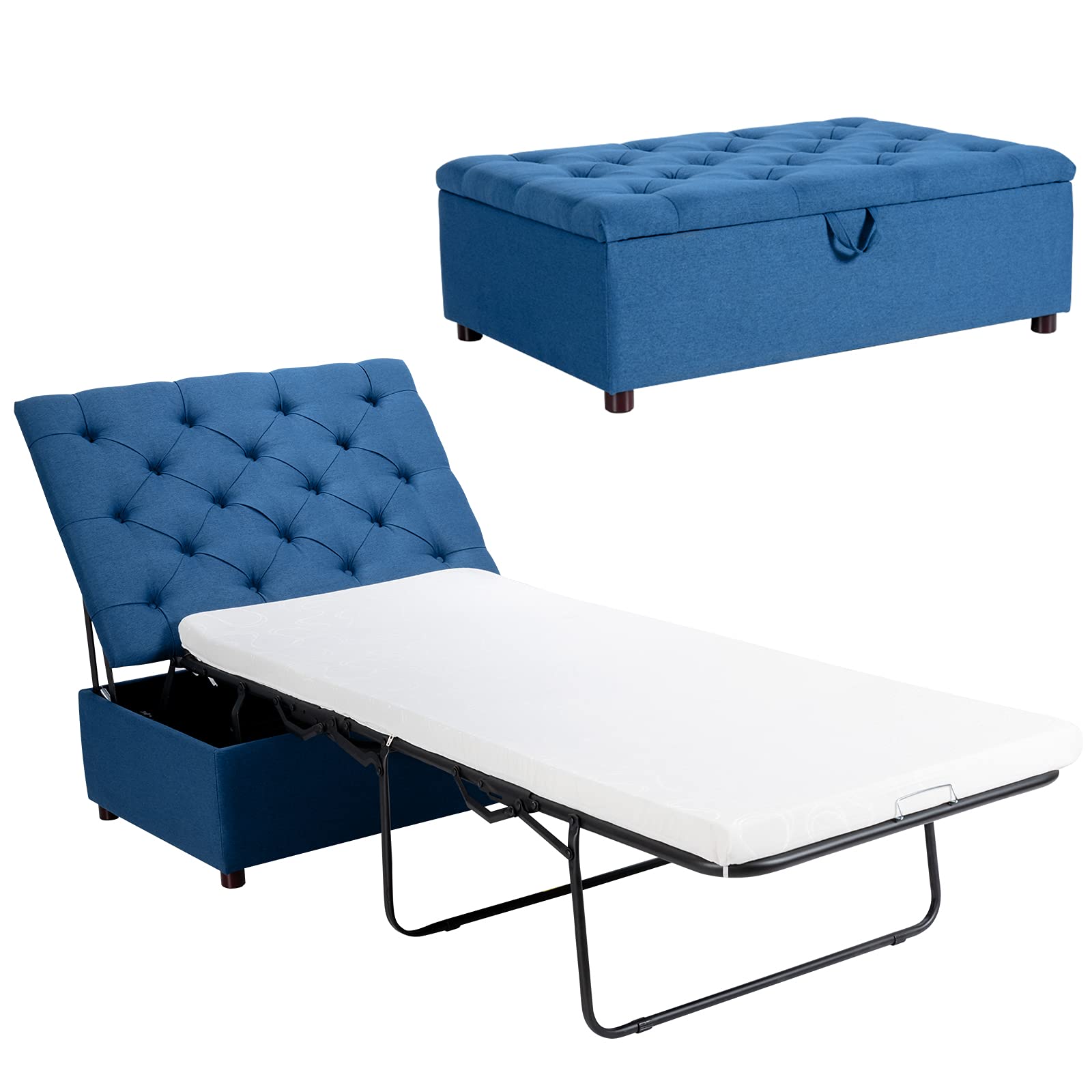 Giantex Ottoman Folding Bed with Mattress - Convertible Chair to Sofa Bed, Steel Frame Sleeper Couch for Guest & Lounge - Dual Use Living Room, Bedroom & Office Furniture (Blue) | Perfect for Small Spaces, Overnight Guests & Multi-Functional Furniture Needs