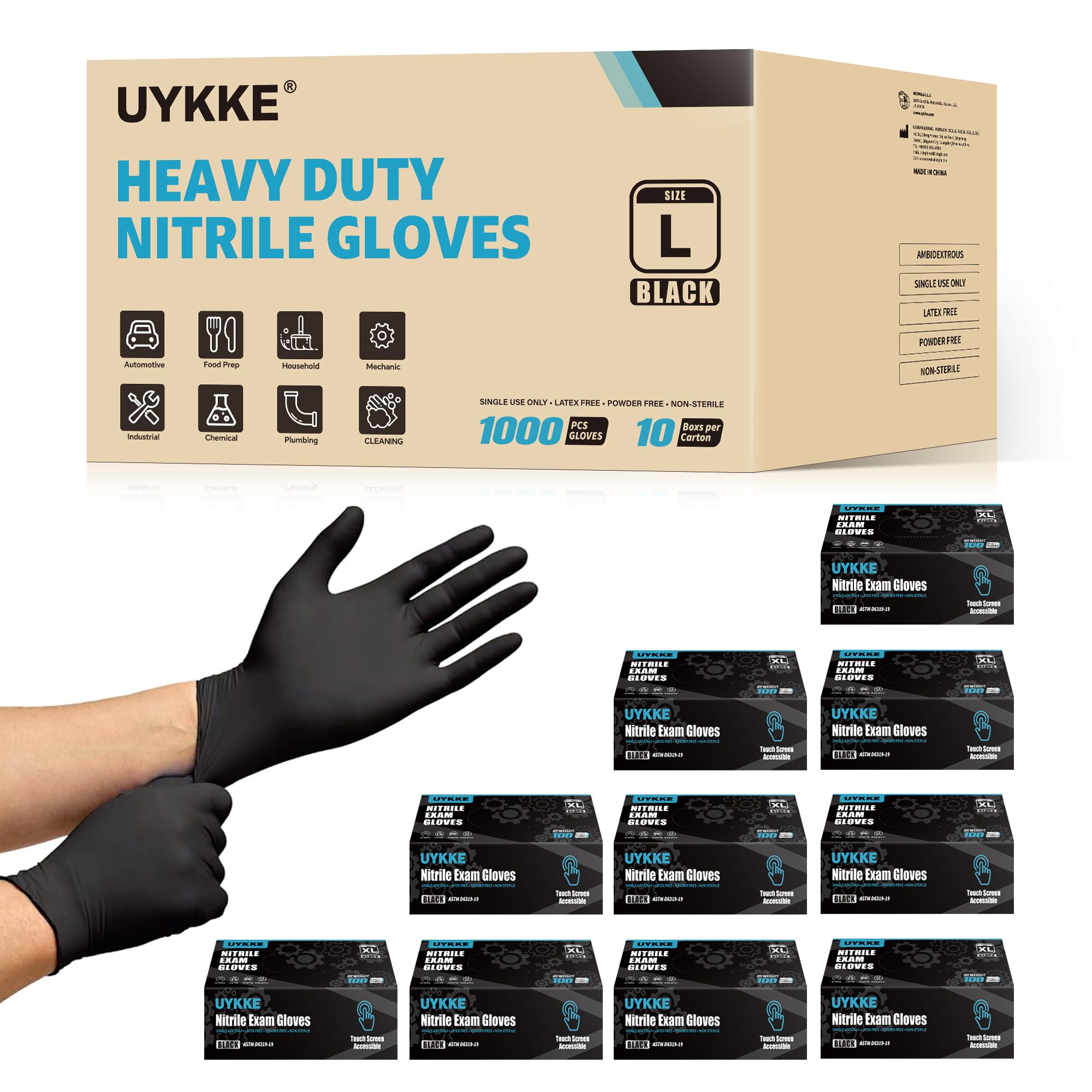 Heavy Duty 7 Mil Nitrile Disposable Gloves - Black, Latex-Free, Chemical Resistant - 1000 Pack for Cleaning, Mechanics, Food Handling & Medical Use