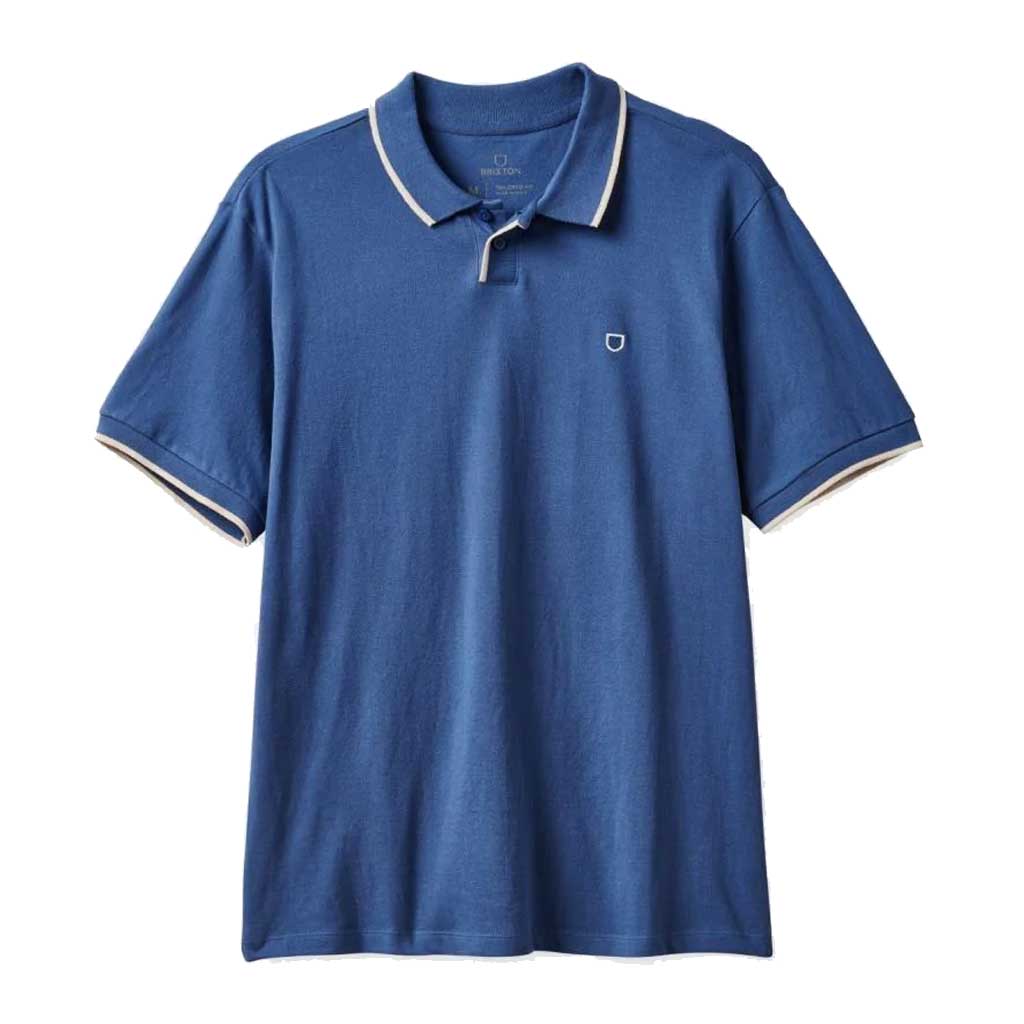 Brixton Proper Short Sleeve Polo Shirt for Men - Pacific Blue & Whitecap Striped Knit Top - Casual Summer Wear for Outdoor Activities & Office