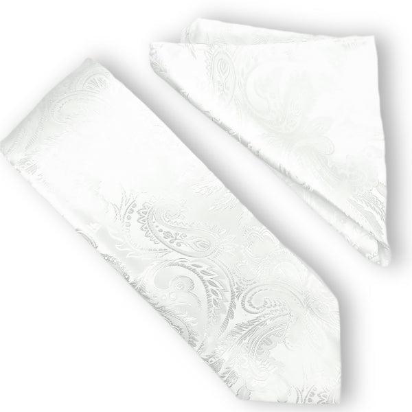 Elegant White Paisley Tie and Pocket Square Set for Weddings, Prom & Formal Events - Premium Silk Necktie and Handkerchief Gift Set for Men