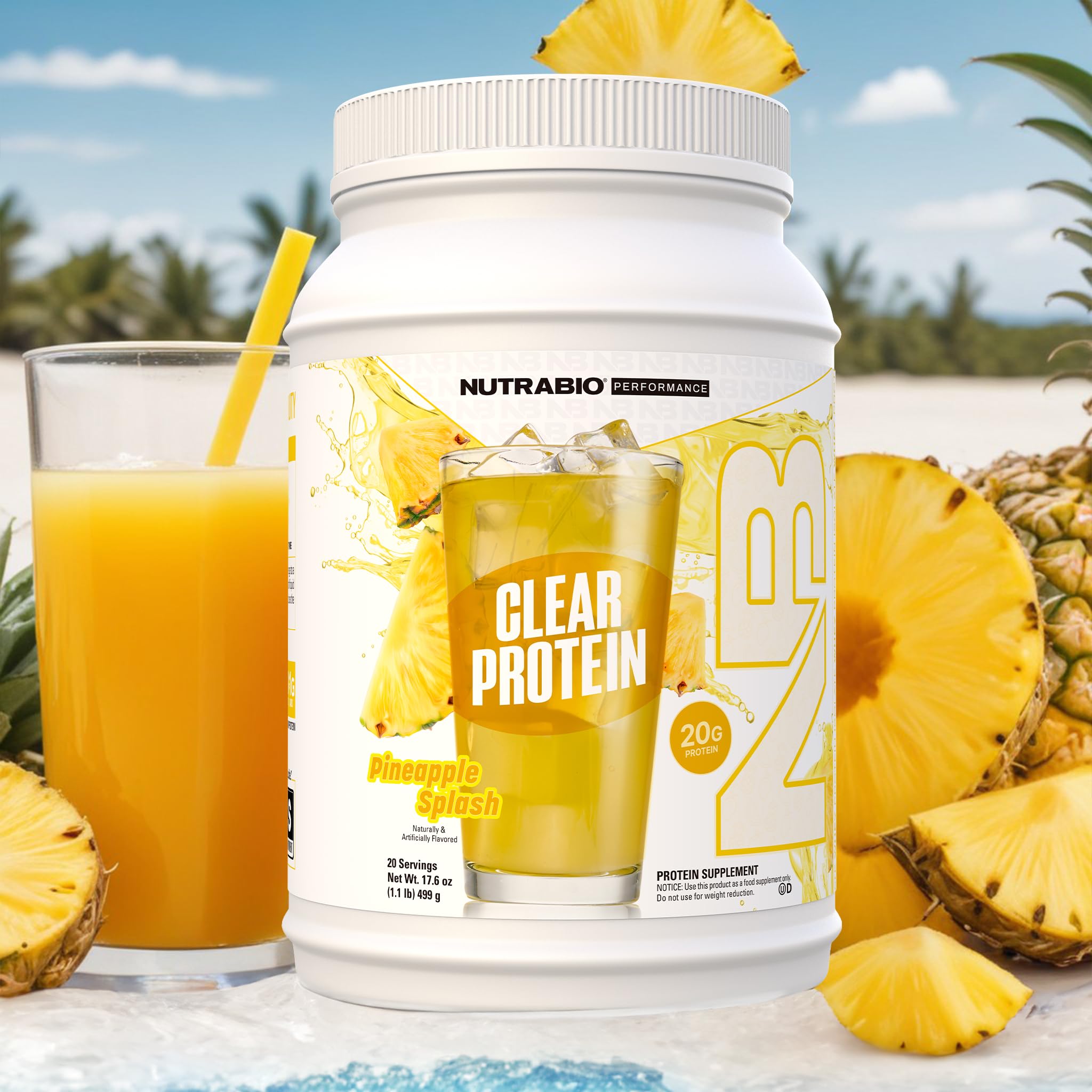 NutraBio Clear Whey Isolate Protein Powder - Pineapple Splash Flavor | Zero Sugar, No Foam, No Milky Taste | 20 Servings for Post-Workout Recovery & Healthy Lifestyle