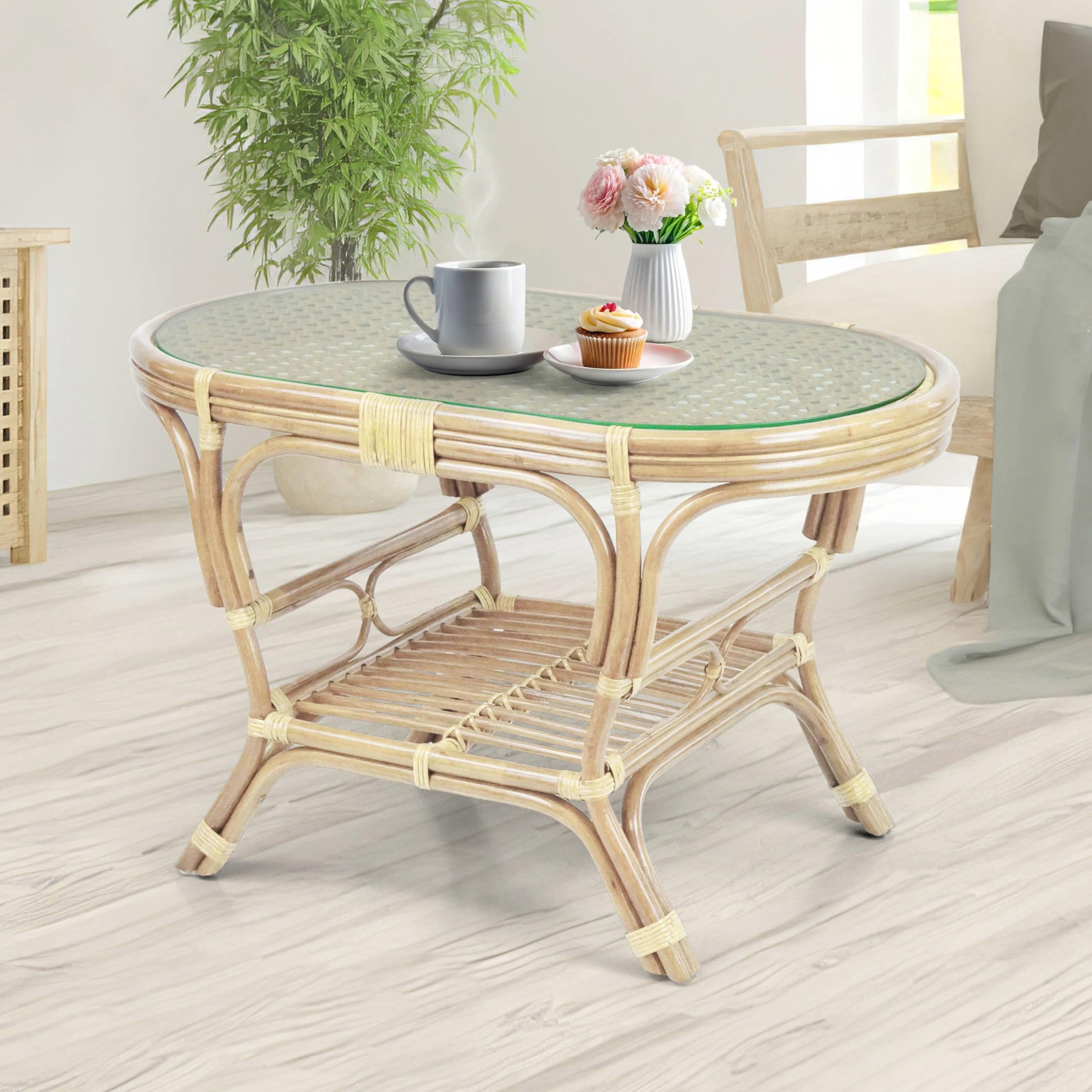 Pelangi Oval Coffee Table - Natural Rattan Wicker with Glass Top | Handmade Eco-Friendly Design for Living Room, Patio & Beach House Decor