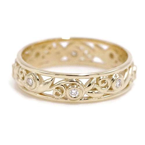 Vintage Rustic Leaf Filigree Eternity Diamond Wedding Ring - Scroll Pattern Feminine Wedding Band - Vintage Inspired Vine Leaf Design - Perfect for Engagement, Anniversary & Romantic Occasions
