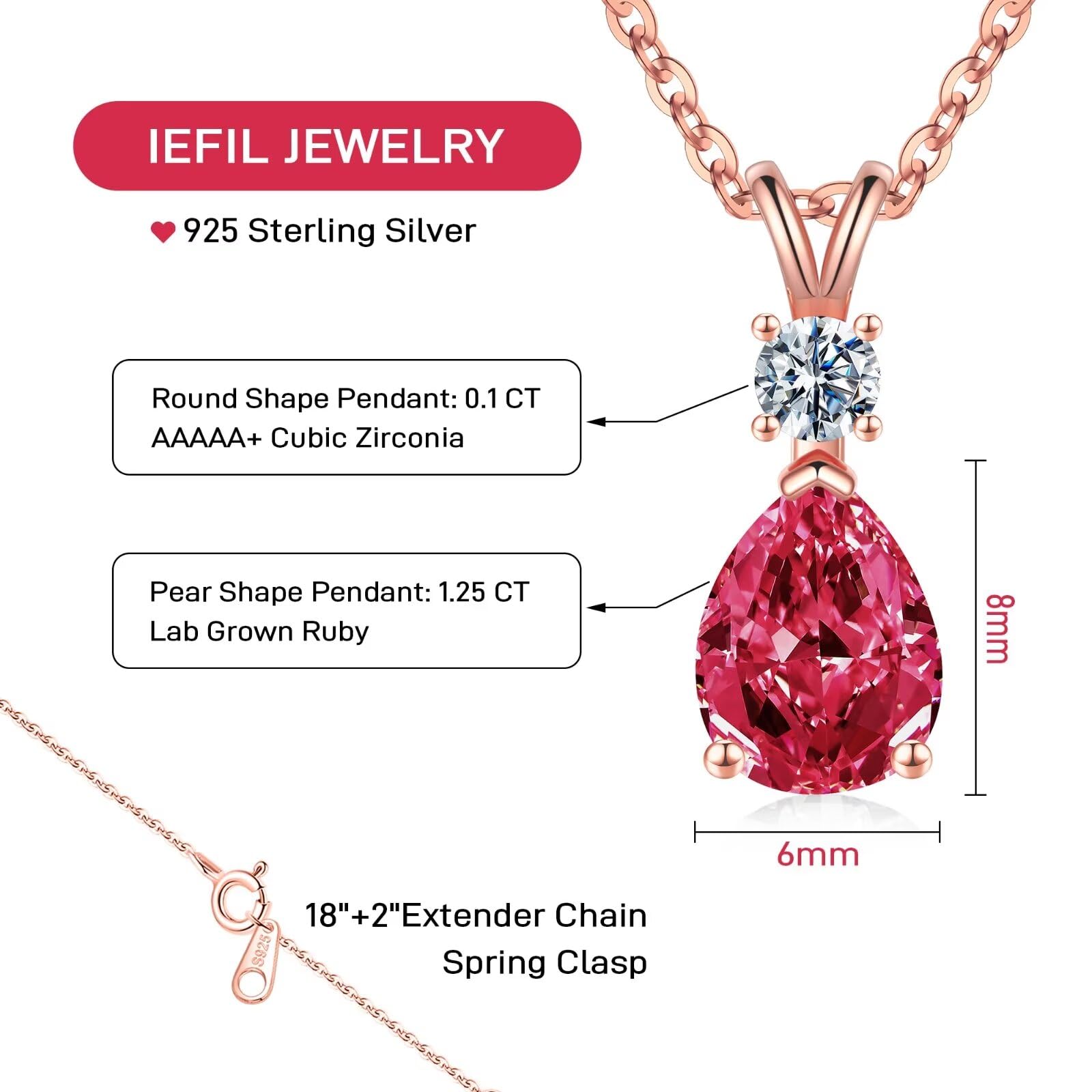 1.25 Ct Pear Birthstone Necklace for Women - 18K White Gold Plated S925 Sterling Silver with Genuine/Created Gemstone - Elegant Jewelry Gift for Birthday, Anniversary & Special Occasions