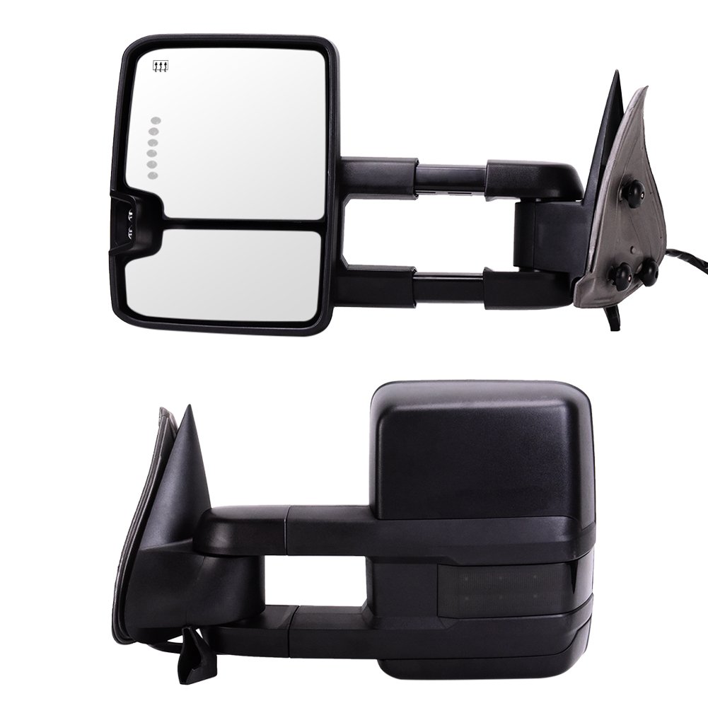 03-06 Chevy Silverado & Sierra Pickup Towing Mirrors Set - Wide Angle Manual Extendable Heated LED Smoke Signal Light Side Mirrors (Left & Right) with Telescoping Power & Black Housing - Perfect for Towing, Off-Roading & Night Driving