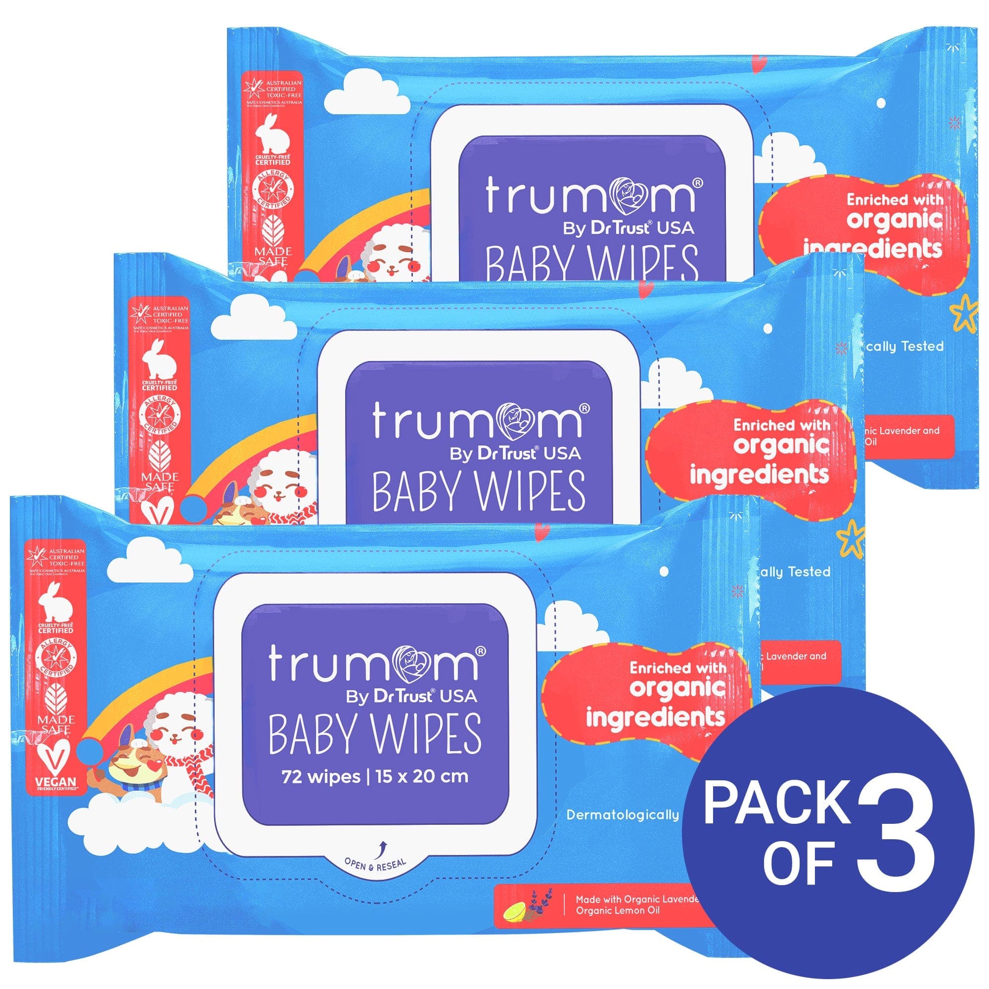 Organic Baby Wipes by Trumom USA - 3-Pack | Hypoallergenic, Chemical-Free & Safe Certified | Gentle for Newborns & Sensitive Skin | Perfect for Diaper Changes, On-the-Go Cleaning & Baby Care Essentials