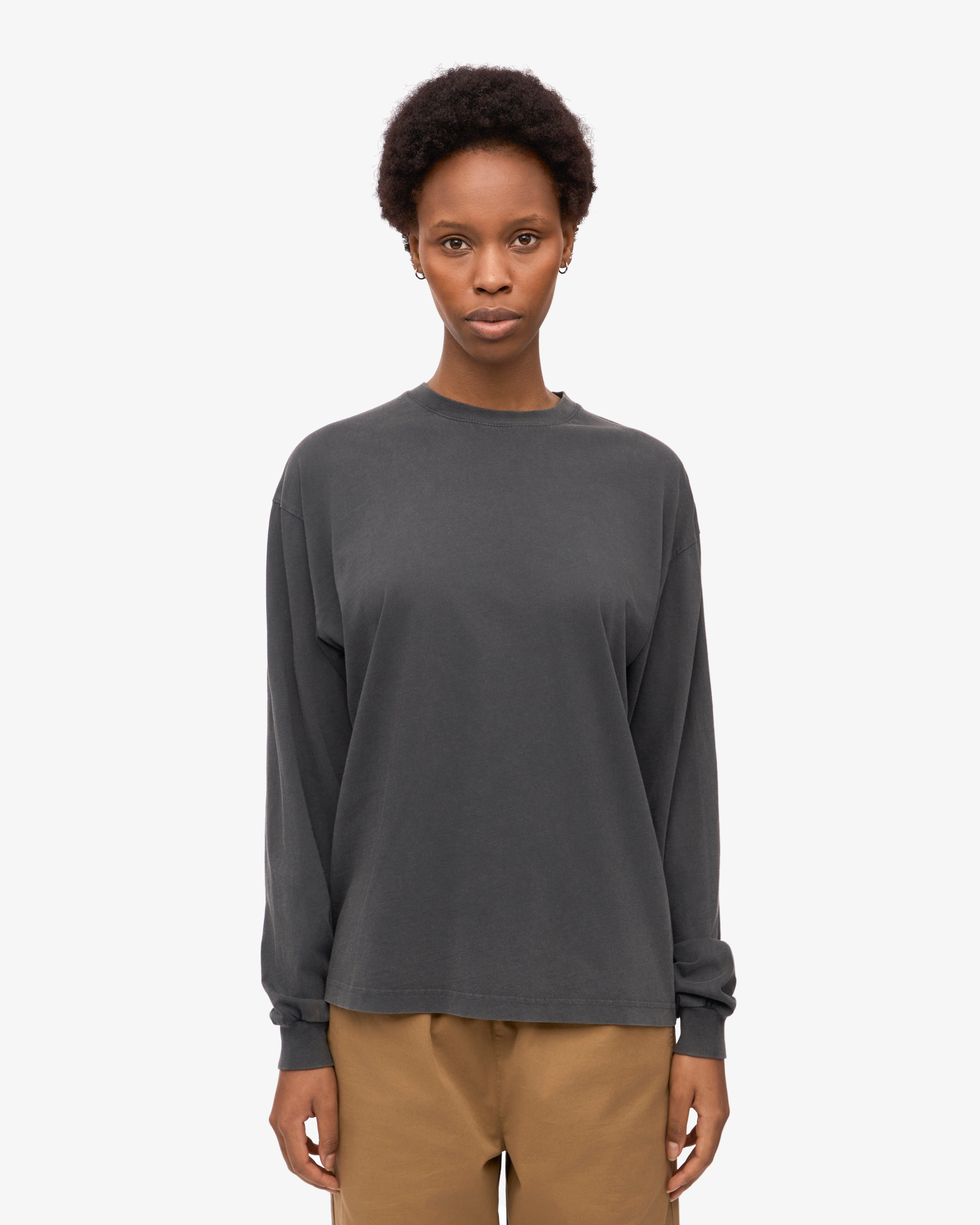 Oversized Organic Long Sleeve T-Shirt for Women - Faded Black - Soft Cotton Loungewear for Casual Outfits & Relaxing at Home