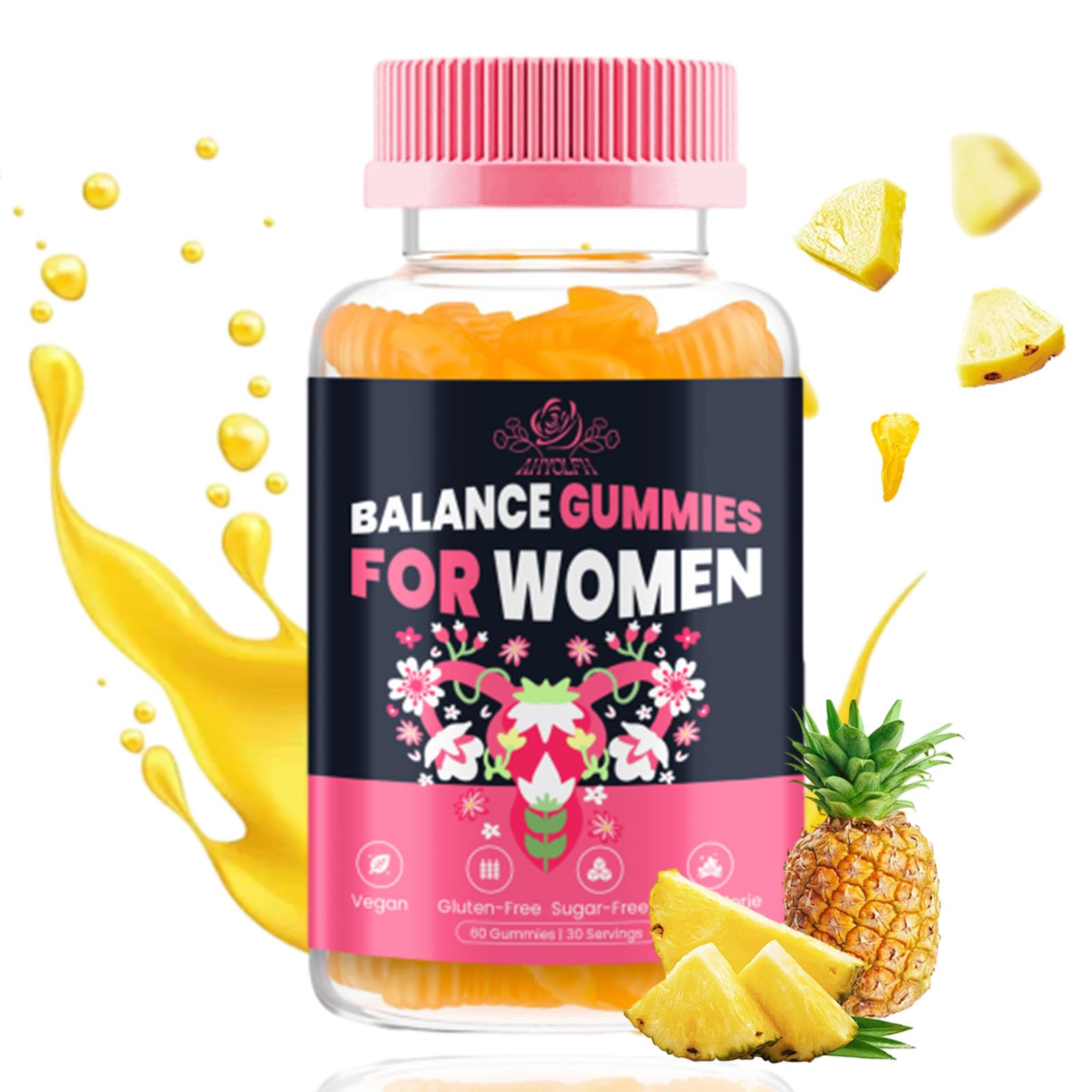 Organic Feminine Balance Gummies for Women - Pineapple Flavor, Vegetarian & Gluten-Free Supplement (60 Count) | Supports Vaginal Health & Wellness - Perfect for Daily Self-Care Routine