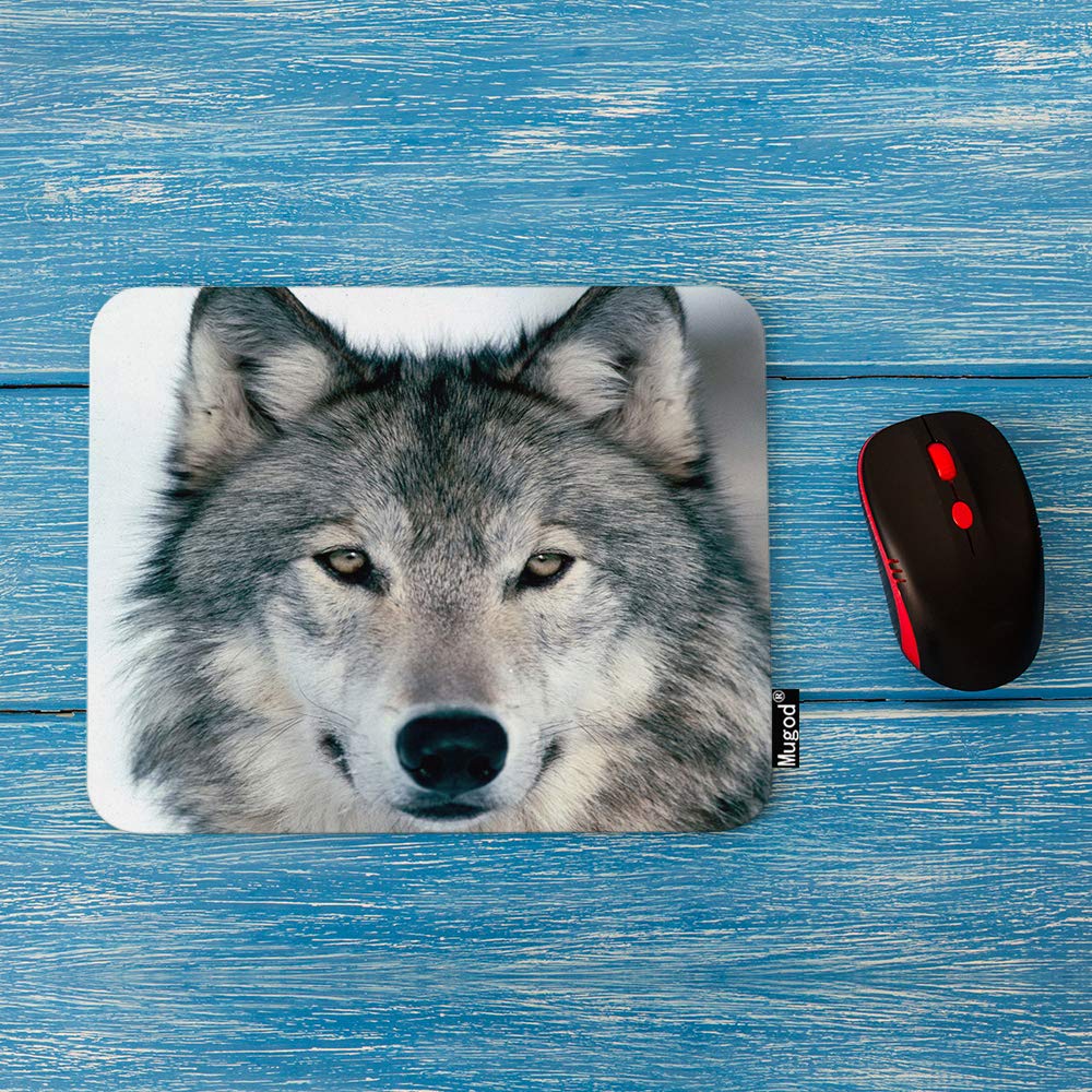 Premium Grey Wolf Mouse Pad - Non-Slip Rubber Base Gaming Mouse Mat with Timber Wolf Portrait (9.5x7.9 Inch) for Computer, Laptop, PC - Perfect for Office, Home & Gaming Setup | Winter Alpha Male Wolf Design