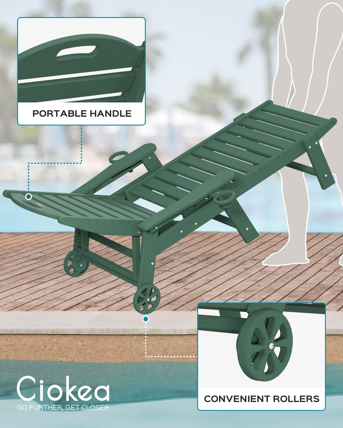 5-Position Adjustable Outdoor Chaise Lounge Chair with Wheels & Double Cup Holders - Wood Texture Patio Poolside Lounge for Backyard, Garden, Beach - Comfortable Sunbathing & Relaxation Furniture (Green)