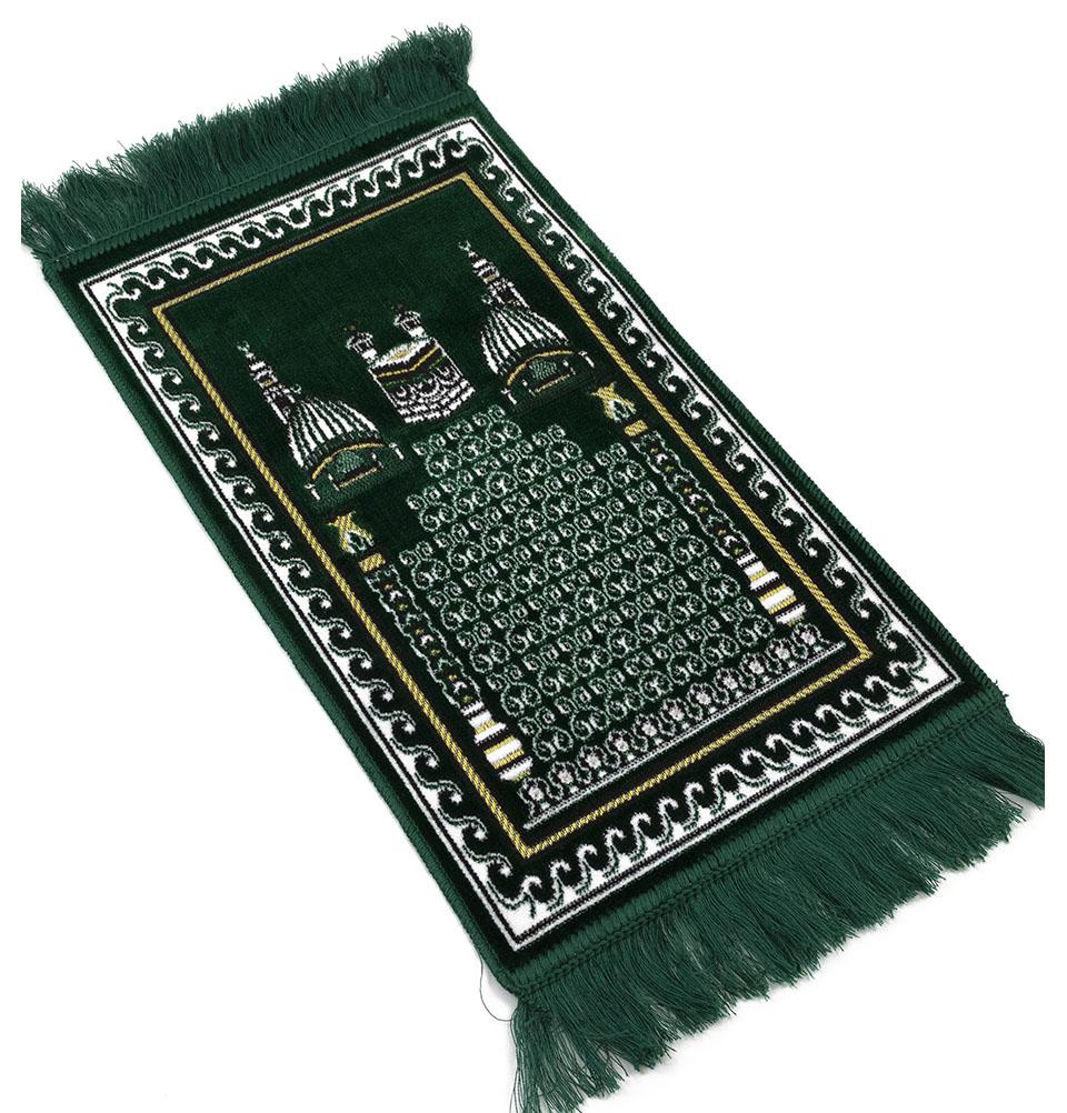 Premium Child Velvet Islamic Prayer Rug with Kaba & Mosque Design - Green Prayer Mat for Kids, Perfect for Home, Mosque & Travel Use