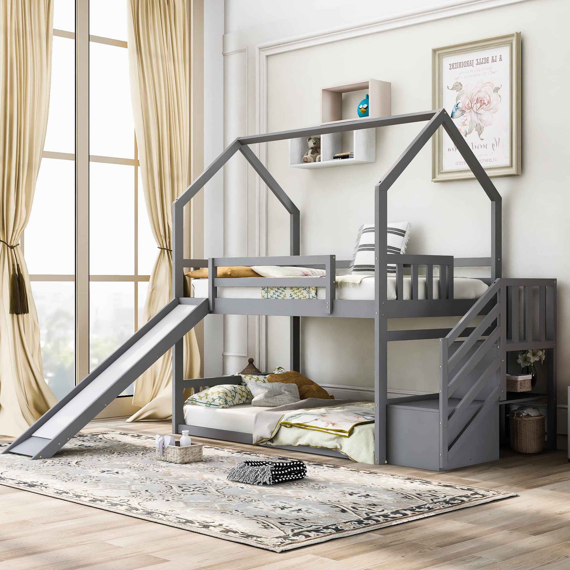 Twin Over Twin Wooden Bunk Bed with Slide, 2 Drawers, Roof & Guardrails - No Box Spring Needed - Perfect for Kids, Teens & Family Bedrooms (Gray)