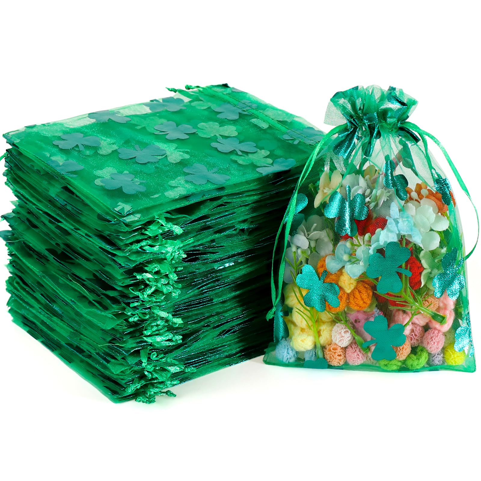 Hopttreely 100 Pcs 4x6 Inch St. Patrick's Day Green Organza Bags | Shamrock Drawstring Pouches for Jewelry, Chocolate, Gold Coins & Party Favors | Irish-Themed Gift Bags for Weddings, Baby Showers & Holiday Celebrations