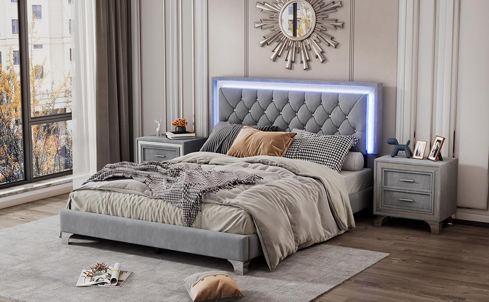 Harper & Bright Designs 3-Piece Queen Bedroom Set with LED Lights - Modern Upholstered Platform Bed & 2 Nightstands, Gray - Perfect for Contemporary Bedrooms, Guest Rooms & Small Spaces