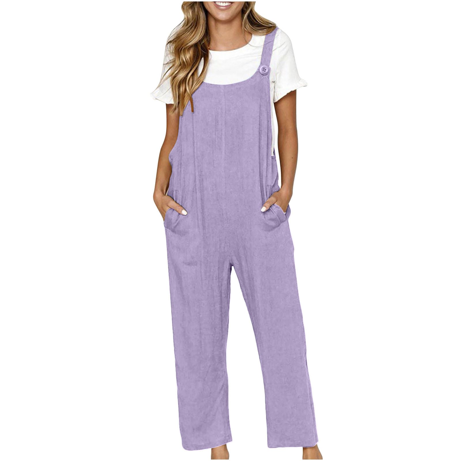 Women's Linen Jumpsuit - Solid Color Wide Leg Loose Fit Overalls for Summer | Casual Comfort Wear for Beach, Vacation & Everyday Outfits