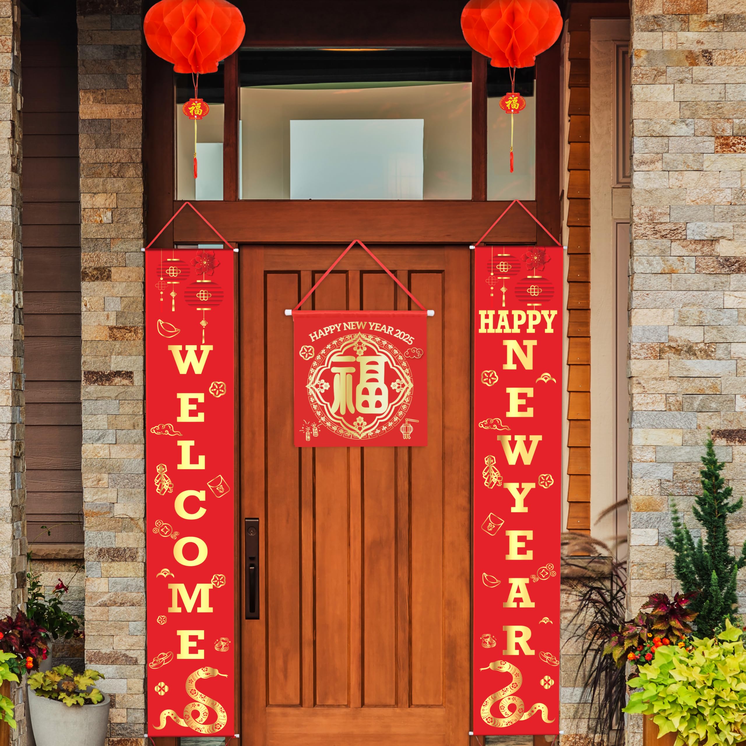 Auihiay 2025 Chinese New Year Decorations Set - Lunar New Year Couplets (Chunlian), Fu Character & Red Lanterns for Spring Festival | Home & Office Party Decor, Wall Hanging, Door Decoration for Year of the Snake Celebration