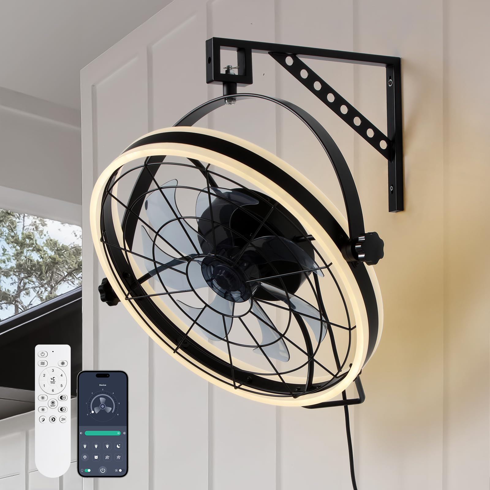 Siljoy 21 Inch Wall Mounted Fan with LED Lights - 6-Speed Remote Control Indoor Fan with Timer - Plug-in Wall Fan for Bedroom, Patio, Garage, Warehouse & Greenhouse - Perfect for Cooling & Air Circulation in Homes, Offices & Commercial Spaces