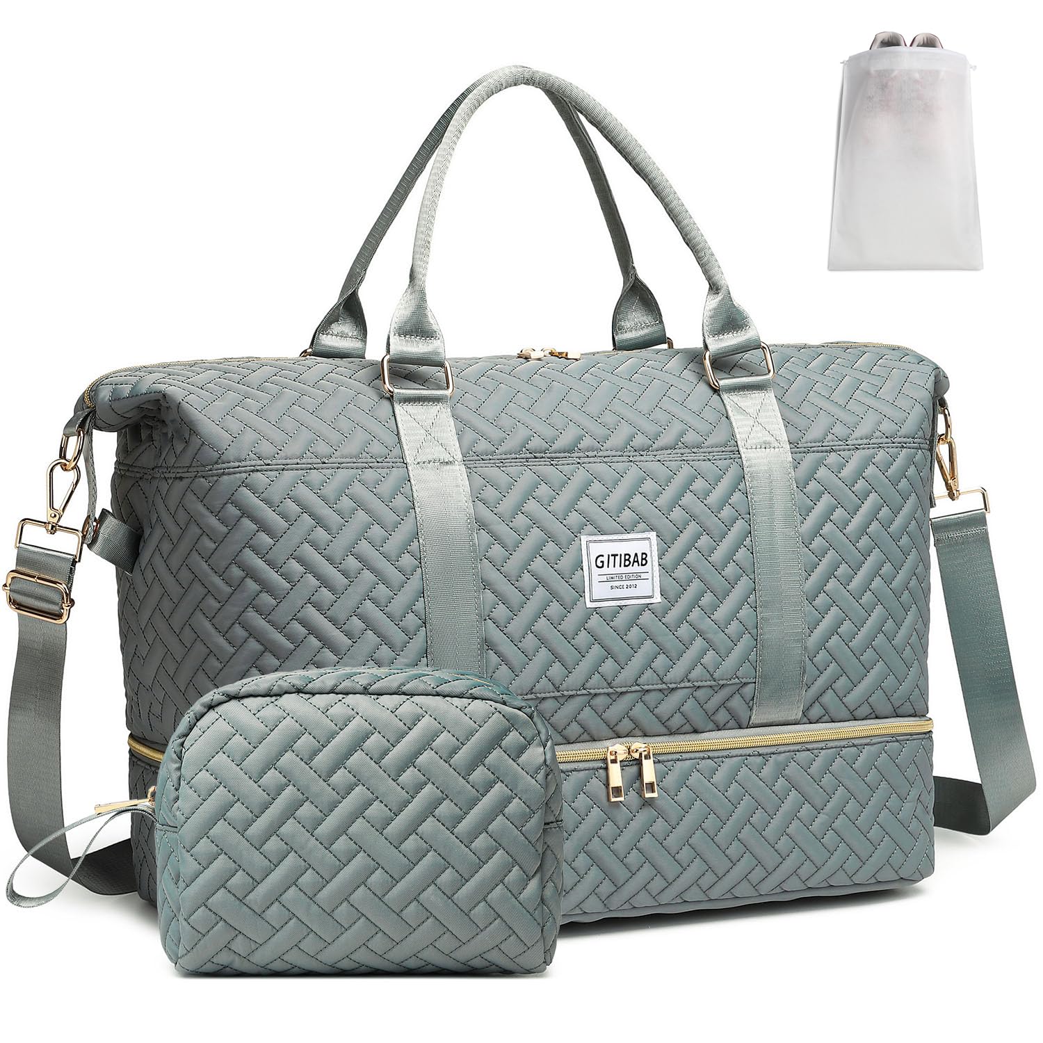 Women's 50L Quilted Duffle Bag - Large Travel Weekender with Shoe Compartment | Carry-On Overnight Gym Tote Bag for Workouts, Weekend Trips & Air Travel