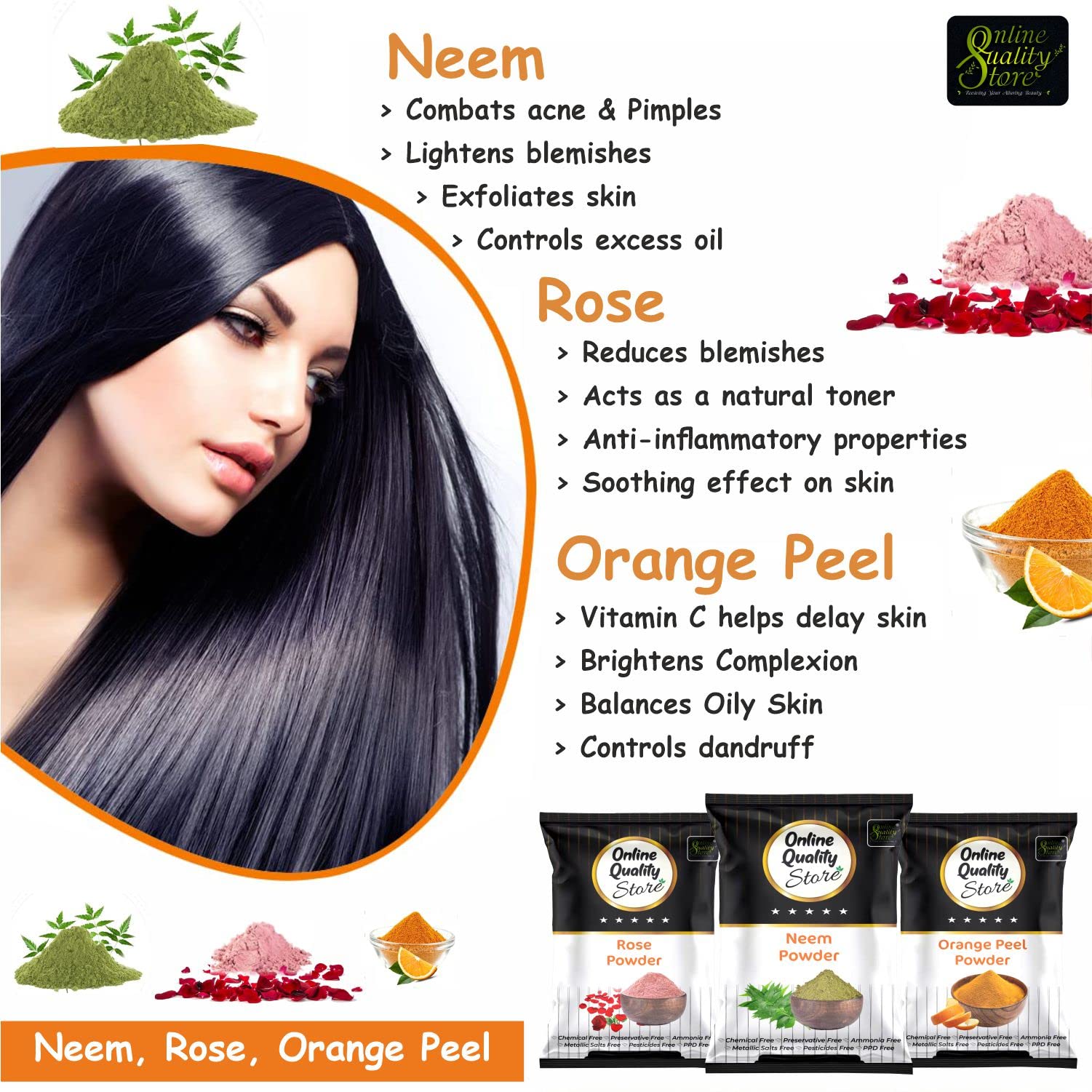 Premium Neem Leaves Powder, Rose Petals Powder & Orange Peel Powder Combo - 300g for Skin Radiance, Glow & Pigmentation Control | Anti-Spot, Dark Mark Removal | Organic Skincare for Face & Body Care