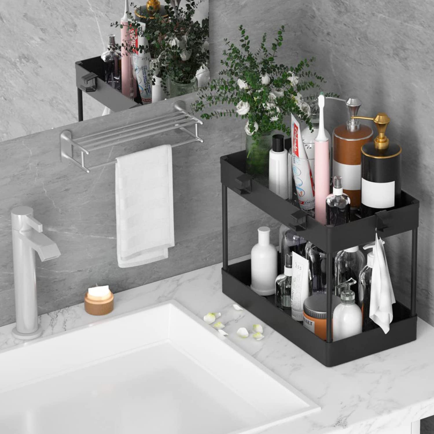2-Tier Under Sink Organizer with 6 Hooks & Collection Basket - Space Saving Kitchen Cabinet Storage for Bathroom & Kitchen - Perfect for Sponges, Cleaning Supplies & Toiletries (1 Pack)